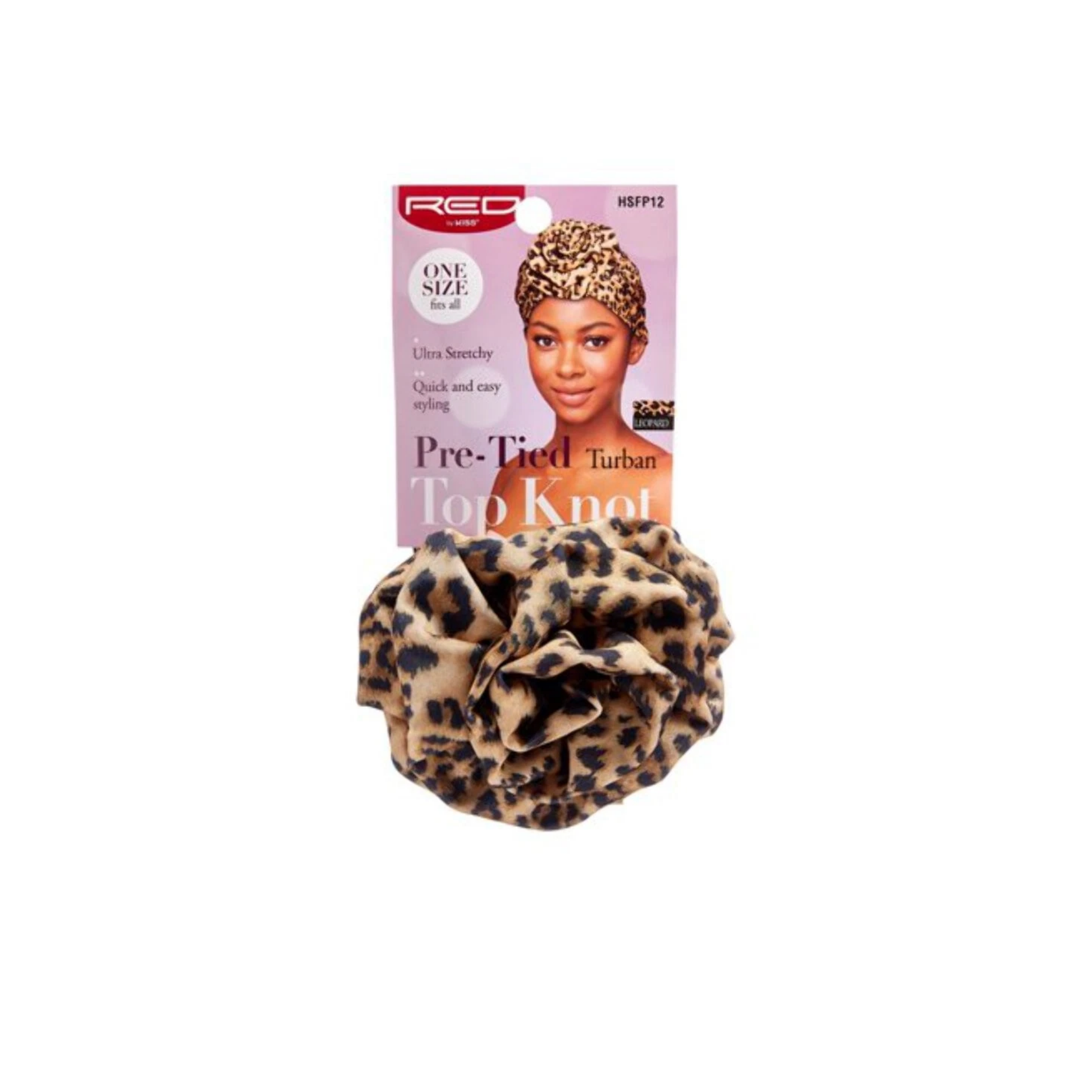 Leopard print pre-tied top knot turban headwrap with soft stretchy satin fabric