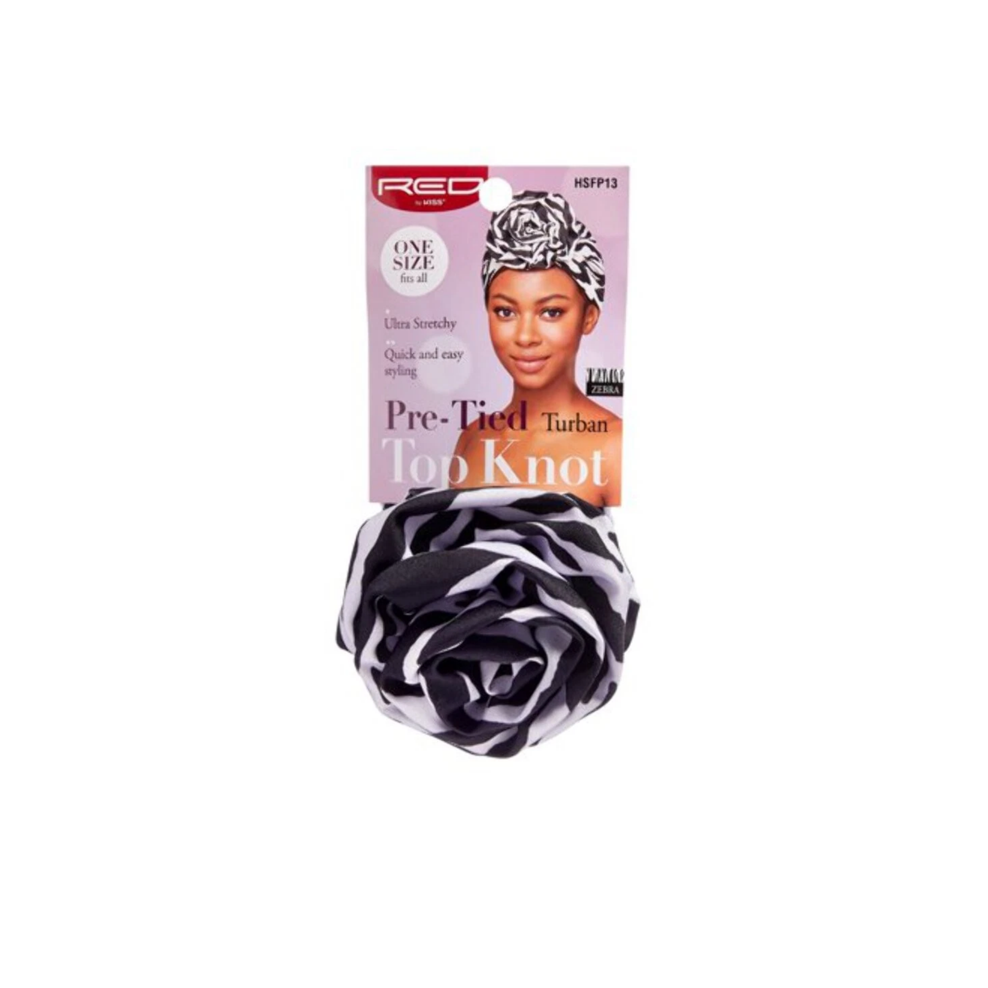 Zebra print pre-tied top knot turban headwrap made from lightweight stretchy satin fabric