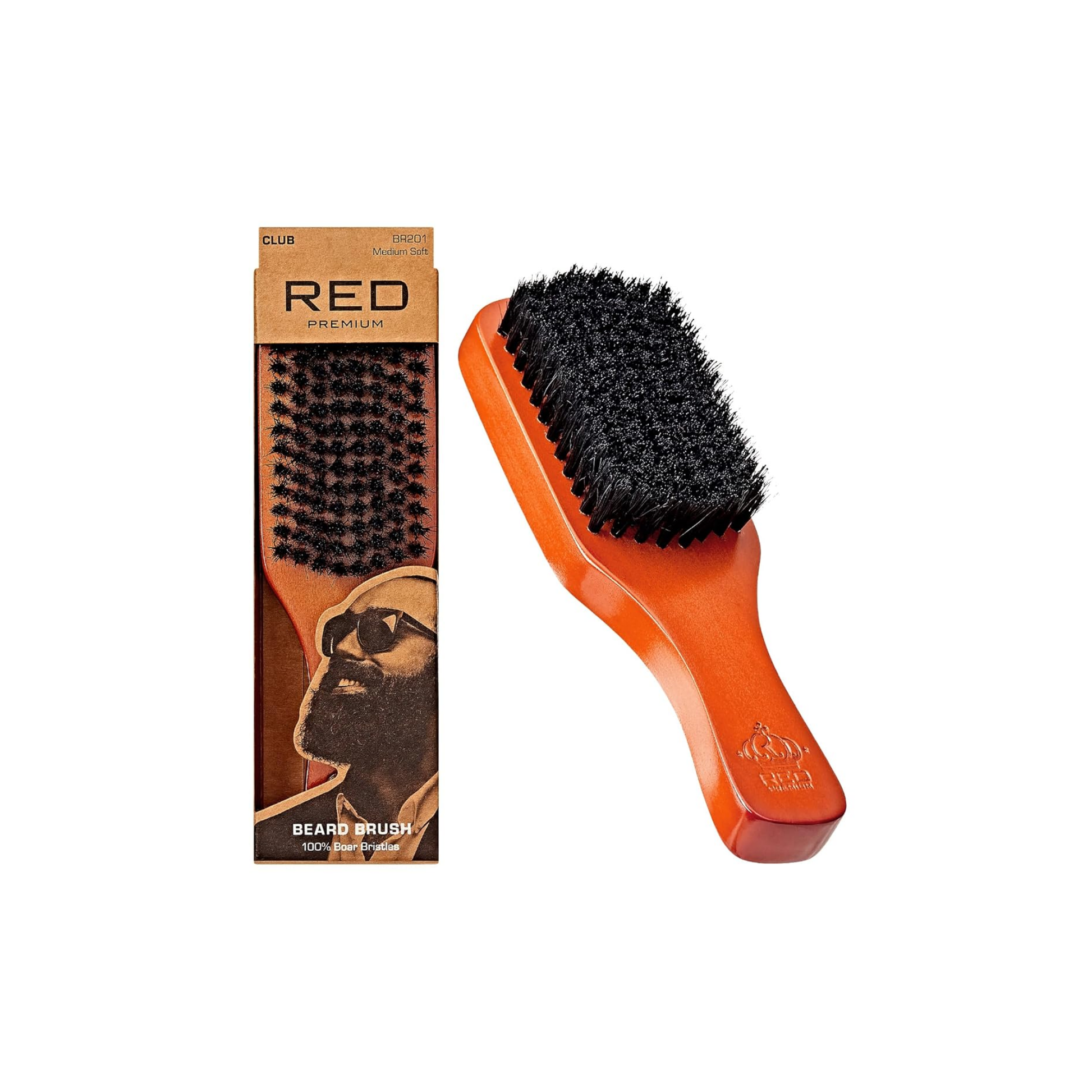 Club style wooden boar bristle beard brush for daily beard maintenance.