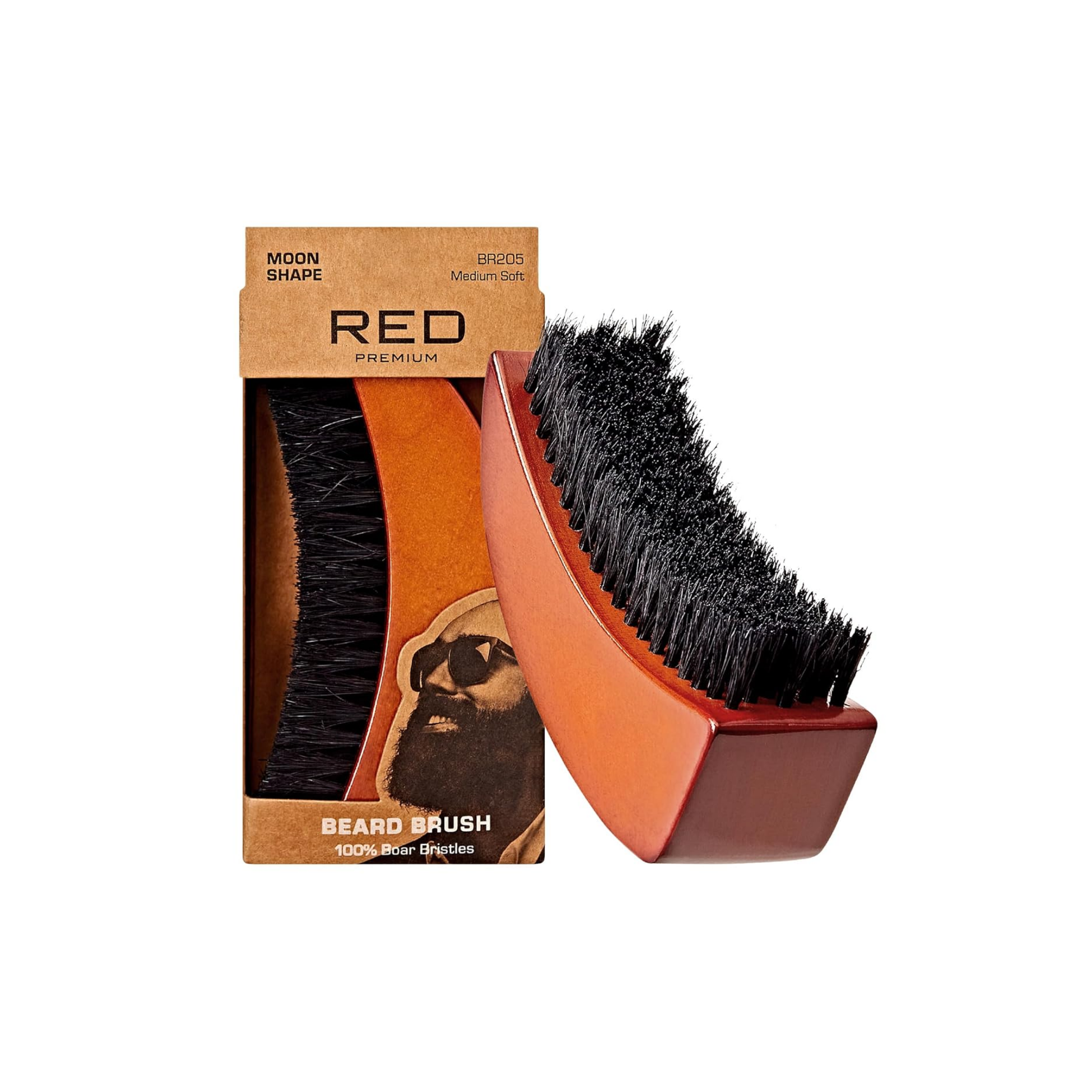 Moon Shape style wooden boar bristle beard brush for comfortable styling.