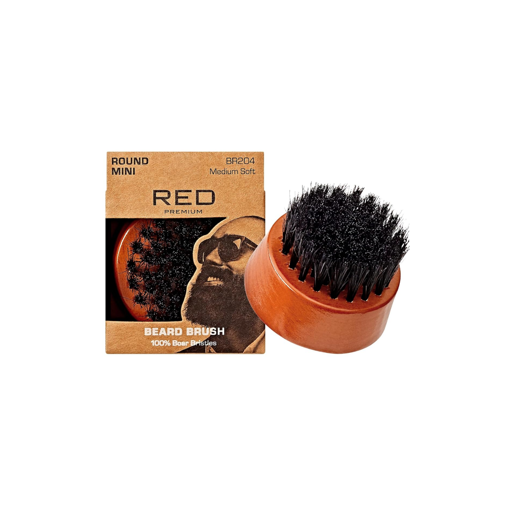 Round Mini style wooden boar bristle beard brush for precise grooming.