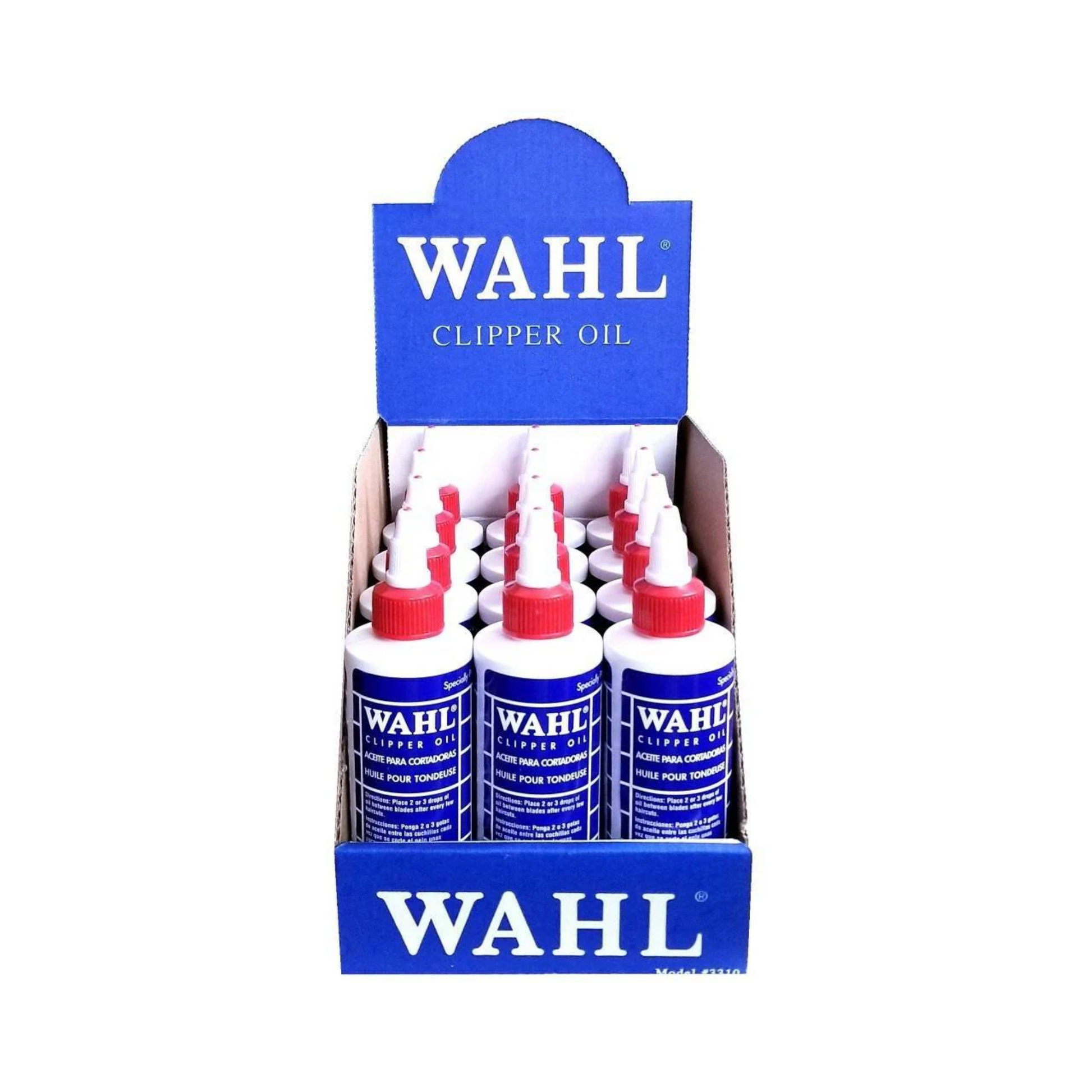 Display of clipper blade oil bottles for lubricating and protecting clipper and trimmer blades, reducing friction and extending blade life.