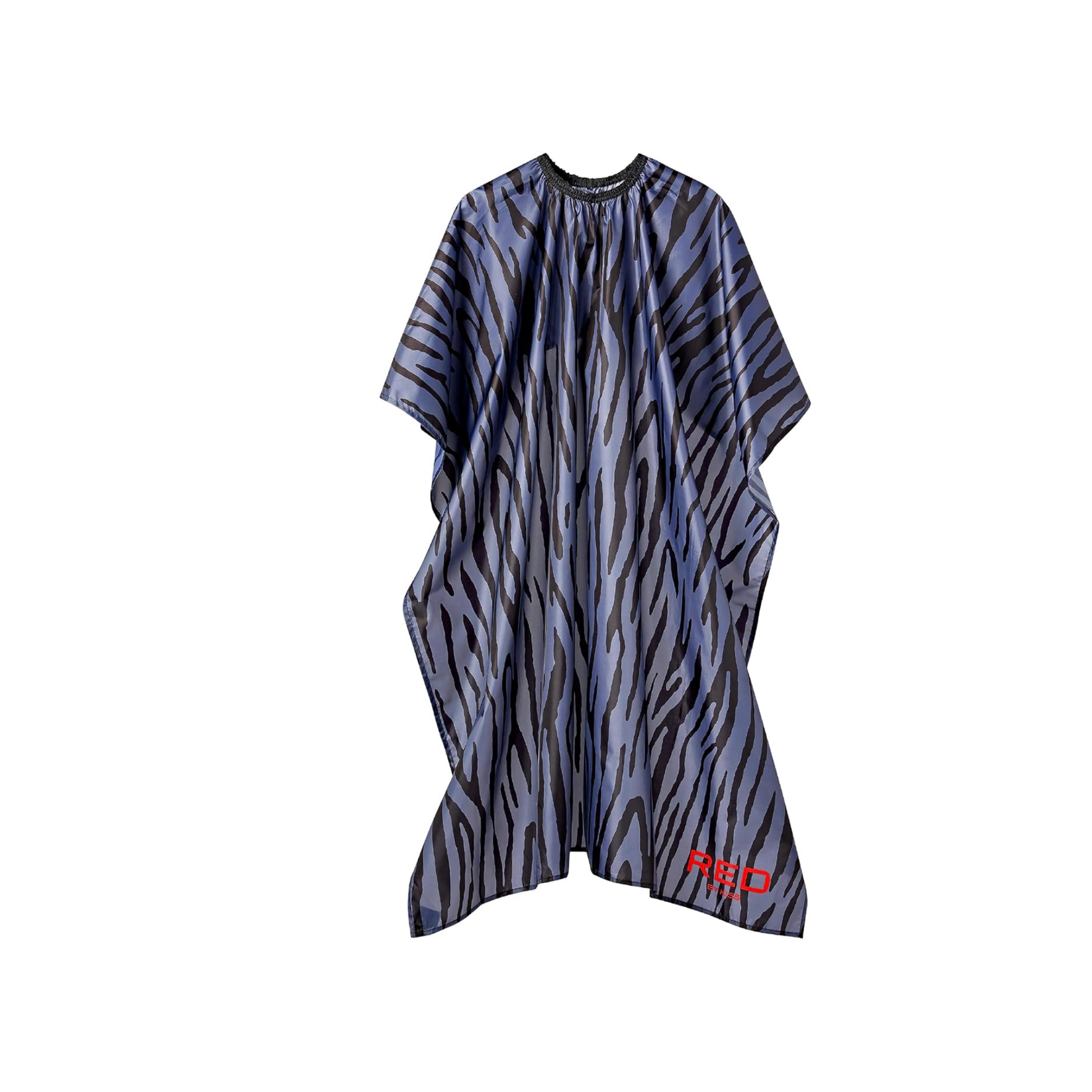 Professional black zebra-pattern salon cape with adjustable closure, waterproof and anti-static nylon for hair cutting and coloring.