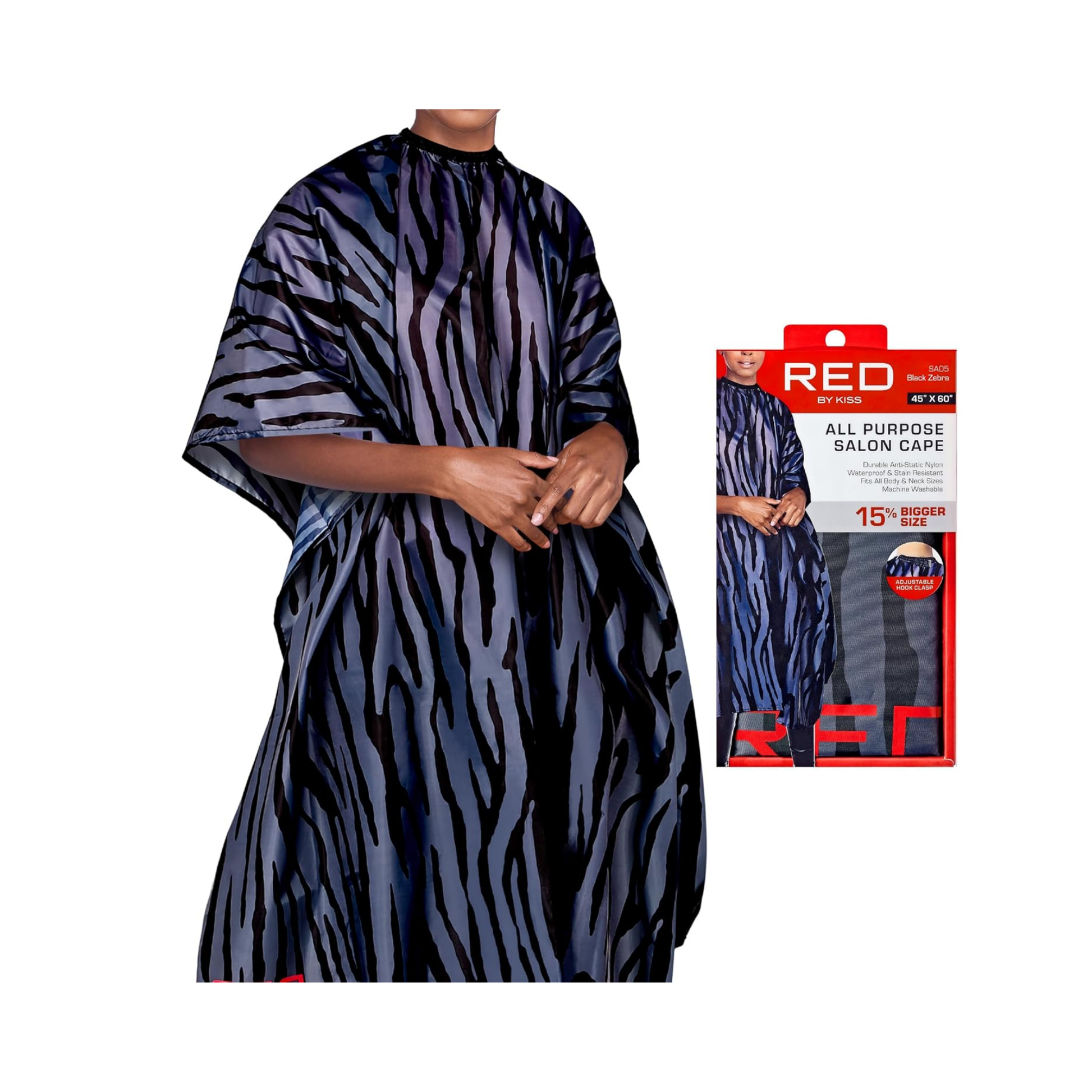 Professional black zebra-pattern salon cape with adjustable closure, waterproof and anti-static nylon for hair cutting and coloring.