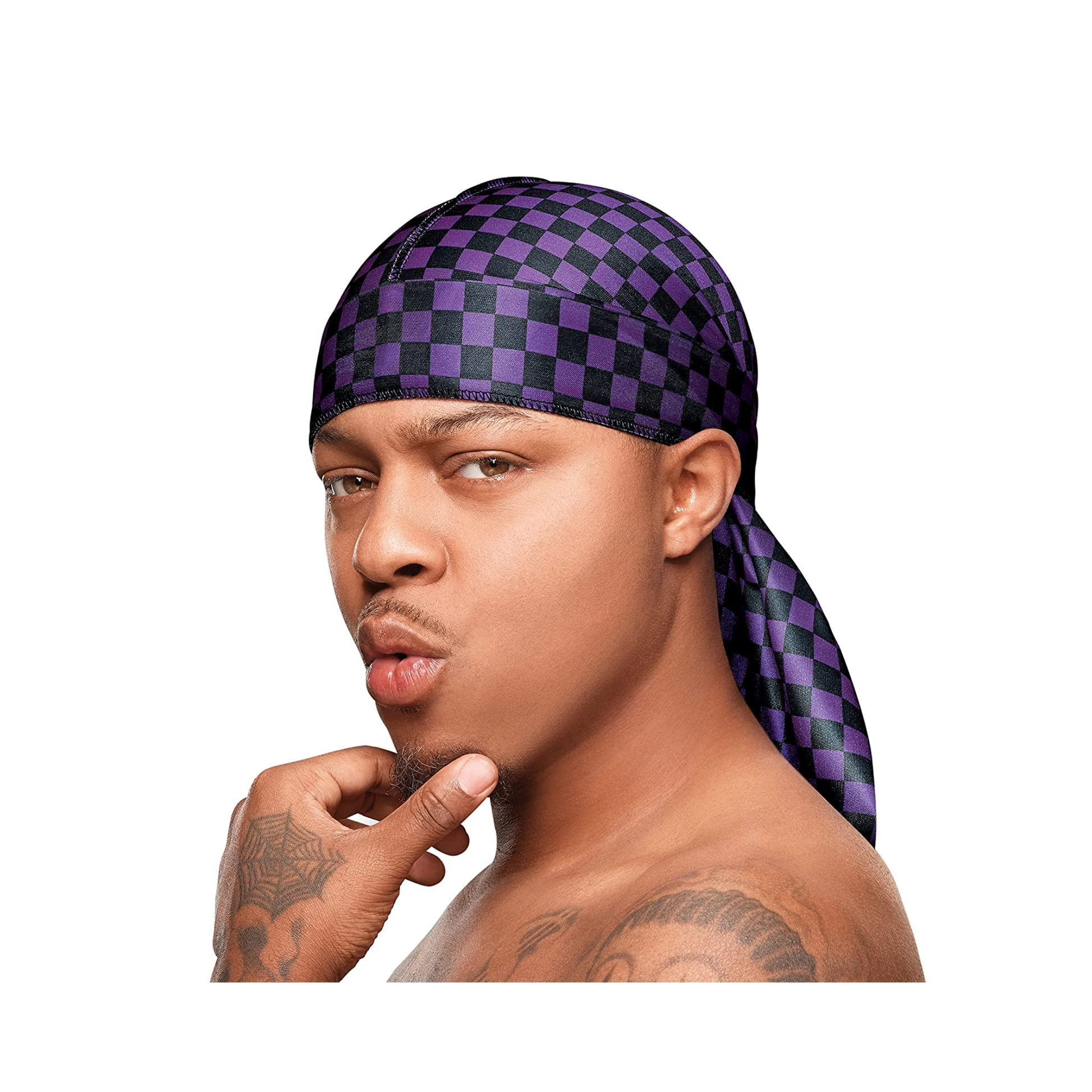 Purple checker silky durag for men with large cape and 40-inch ties for comfort and wave definition.