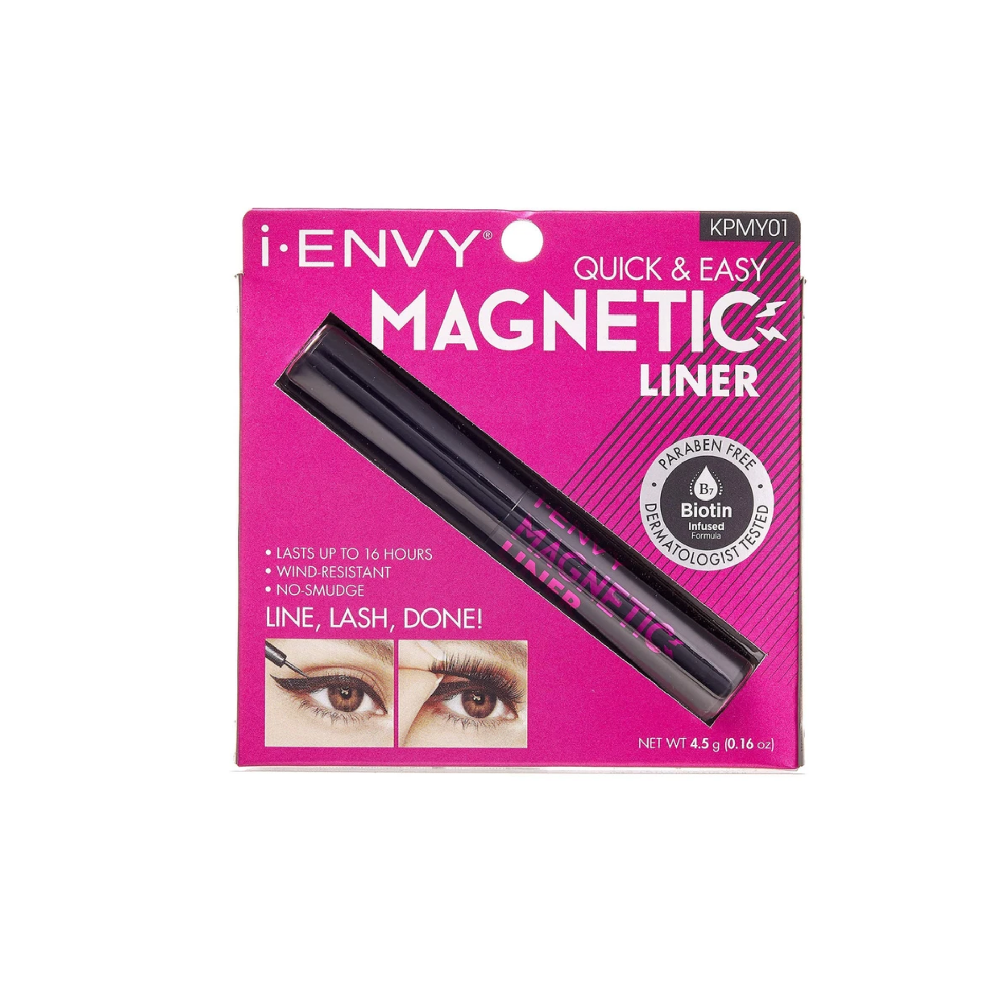 Magnetic liquid eyeliner for long-lasting lash hold, smudge-proof, biotin-infused, and easy two-step lash application system.