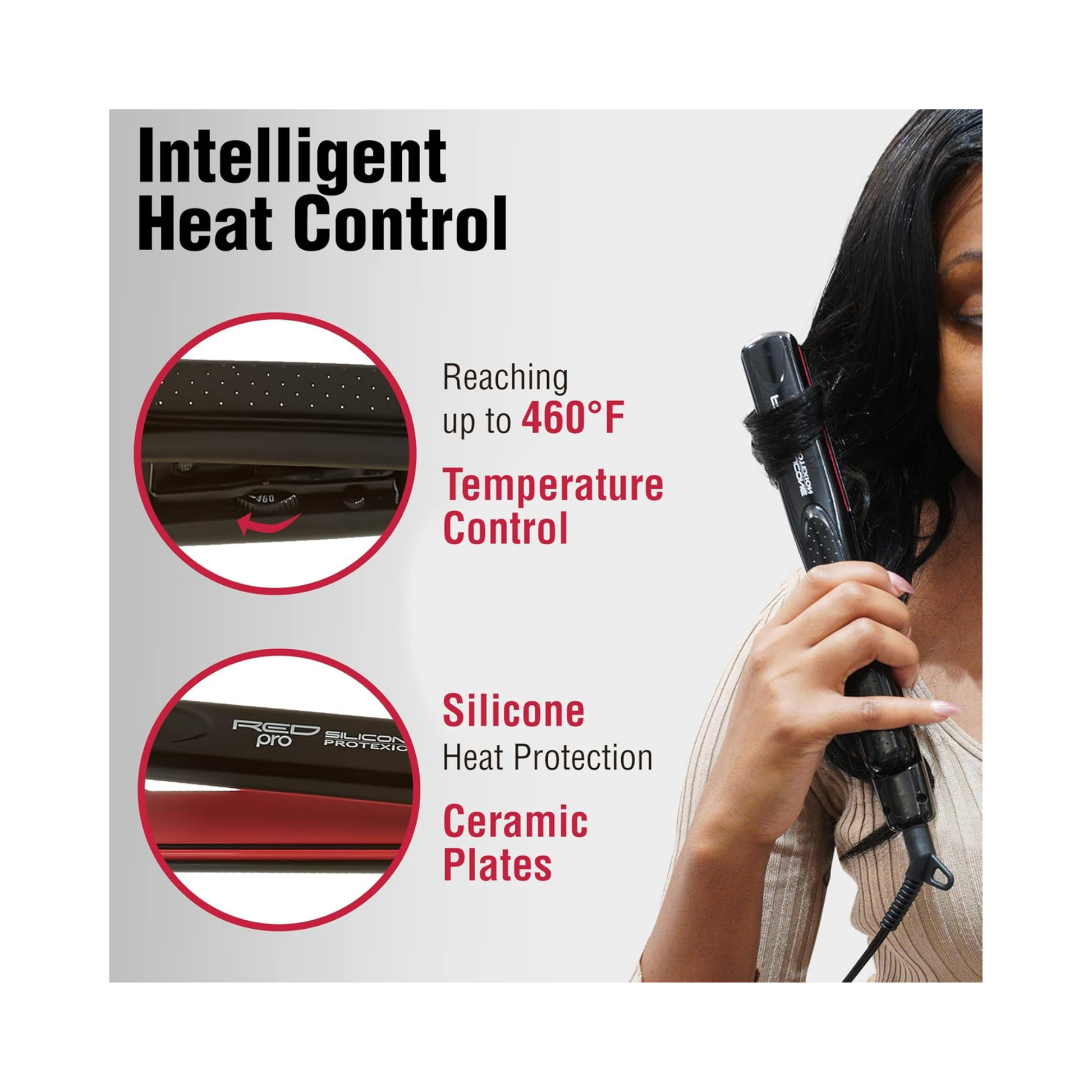 Red Pro Silicone ProteXion 1-inch flat iron in retail packaging, featuring silicone technology and slim, lightweight design.