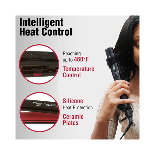 Red Pro Silicone ProteXion 1-inch flat iron in retail packaging, featuring silicone technology and slim, lightweight design.