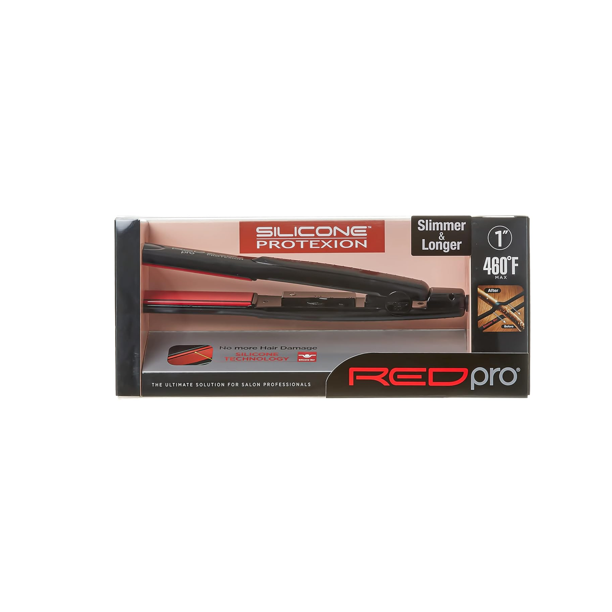 Red Pro Silicone ProteXion 1-inch flat iron in its retail box, showing slim design and silicone technology heat protection.