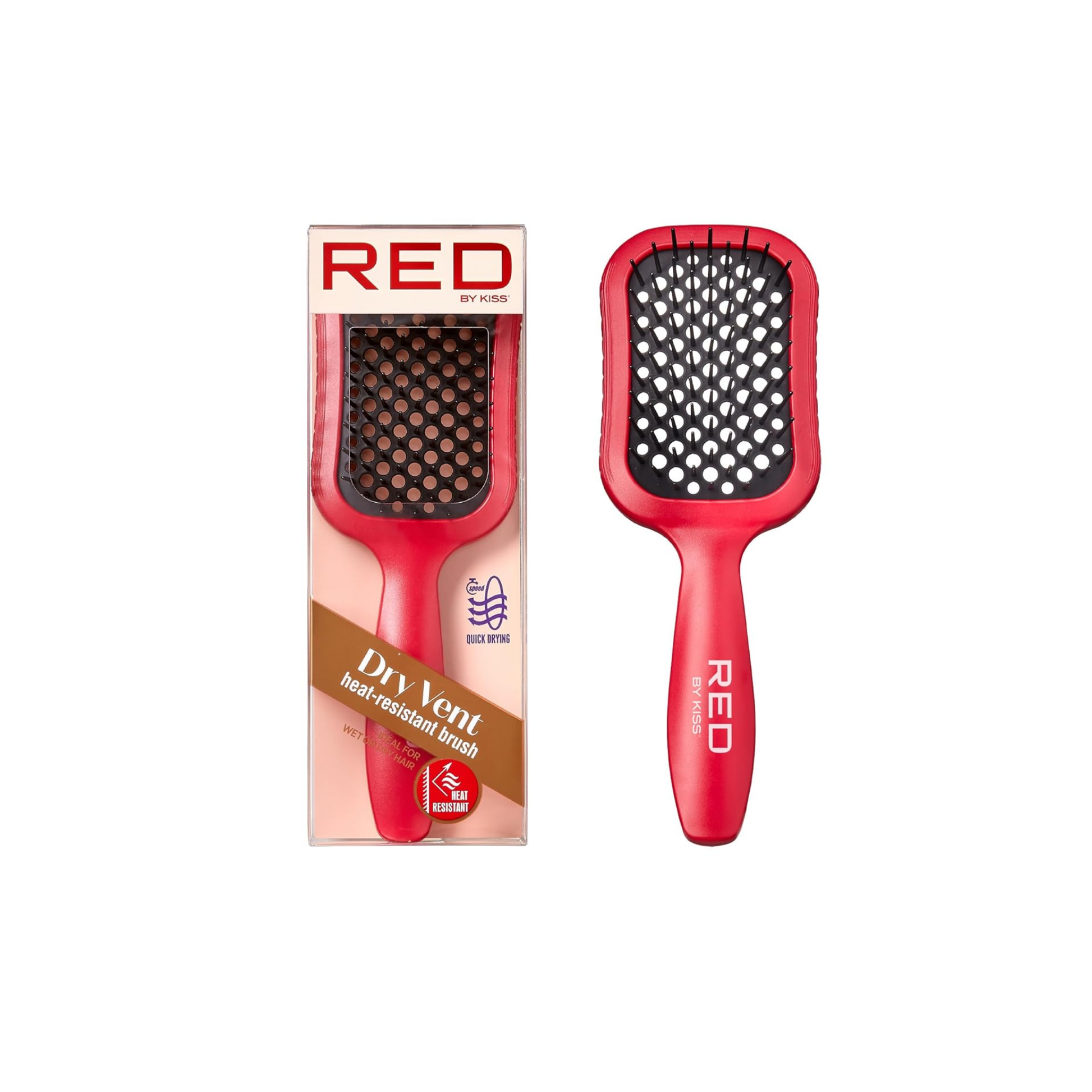Red dry vent heat-resistant hairbrush for wet or dry hair, designed for quick blow-drying and smoothing