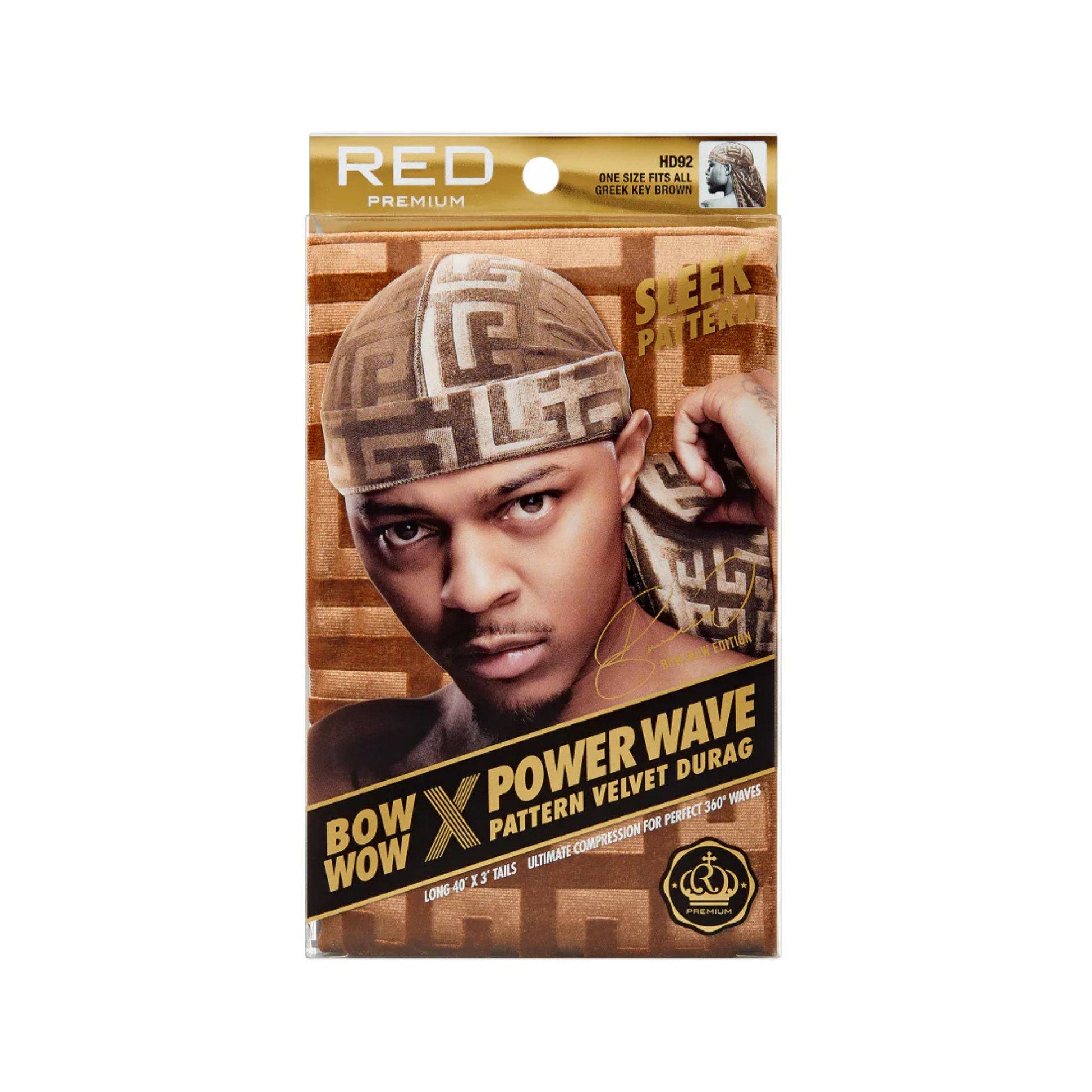Red by Kiss Bow Wow Power Wave Pattern Velvet Durag Greek Key Brown, premium velvet wave durag with compression and moisture retention.