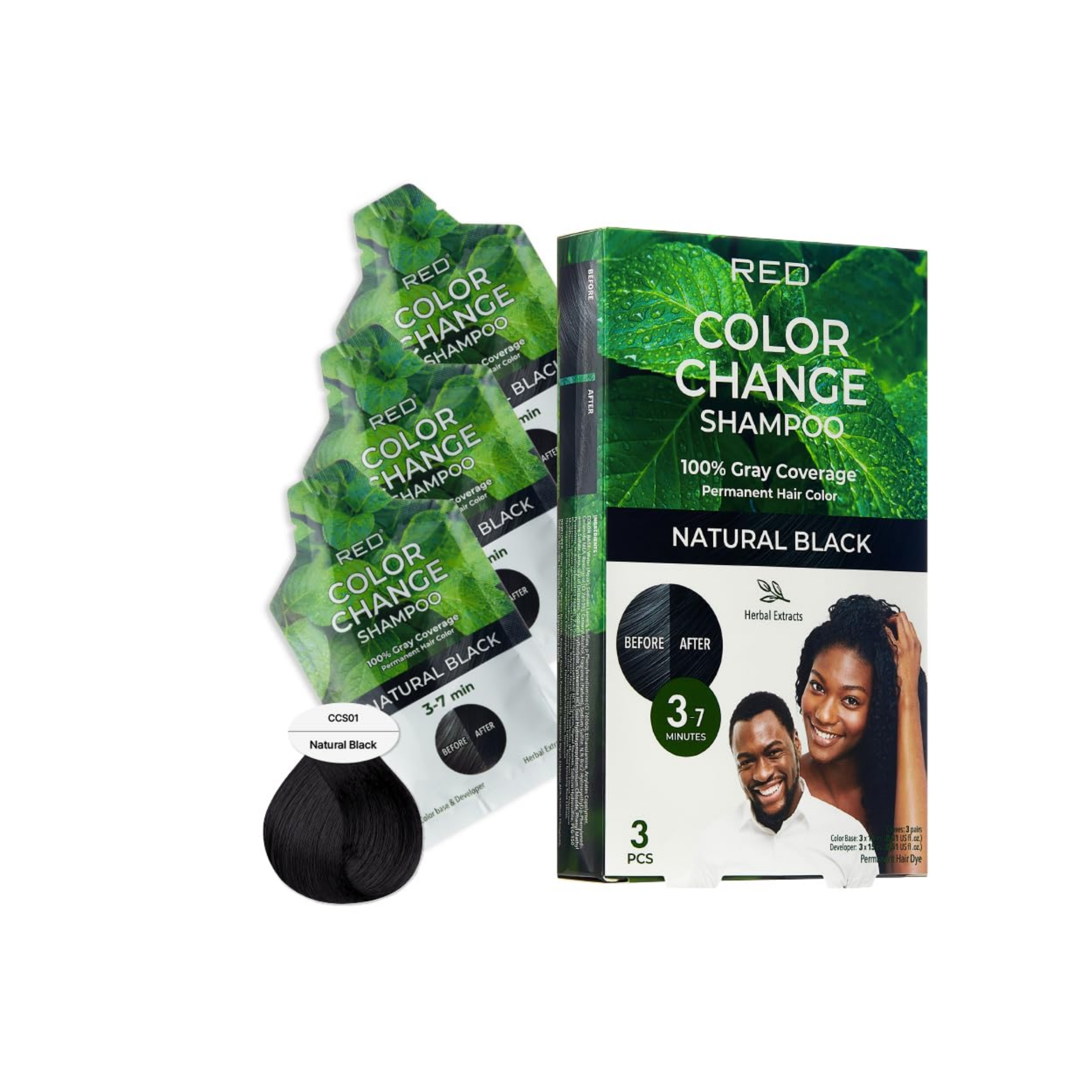  Red by Kiss Color Change Shampoo Natural Black — 3-pack hair color kit providing 100% gray coverage in 7–10 minutes, with herbal extracts for soft, nourished hair.