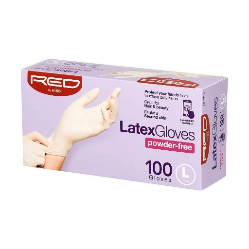 A box of Red by Kiss Latex Gloves Powder-Free in size L, containing 100 gloves. The packaging is lavender with white gloves .