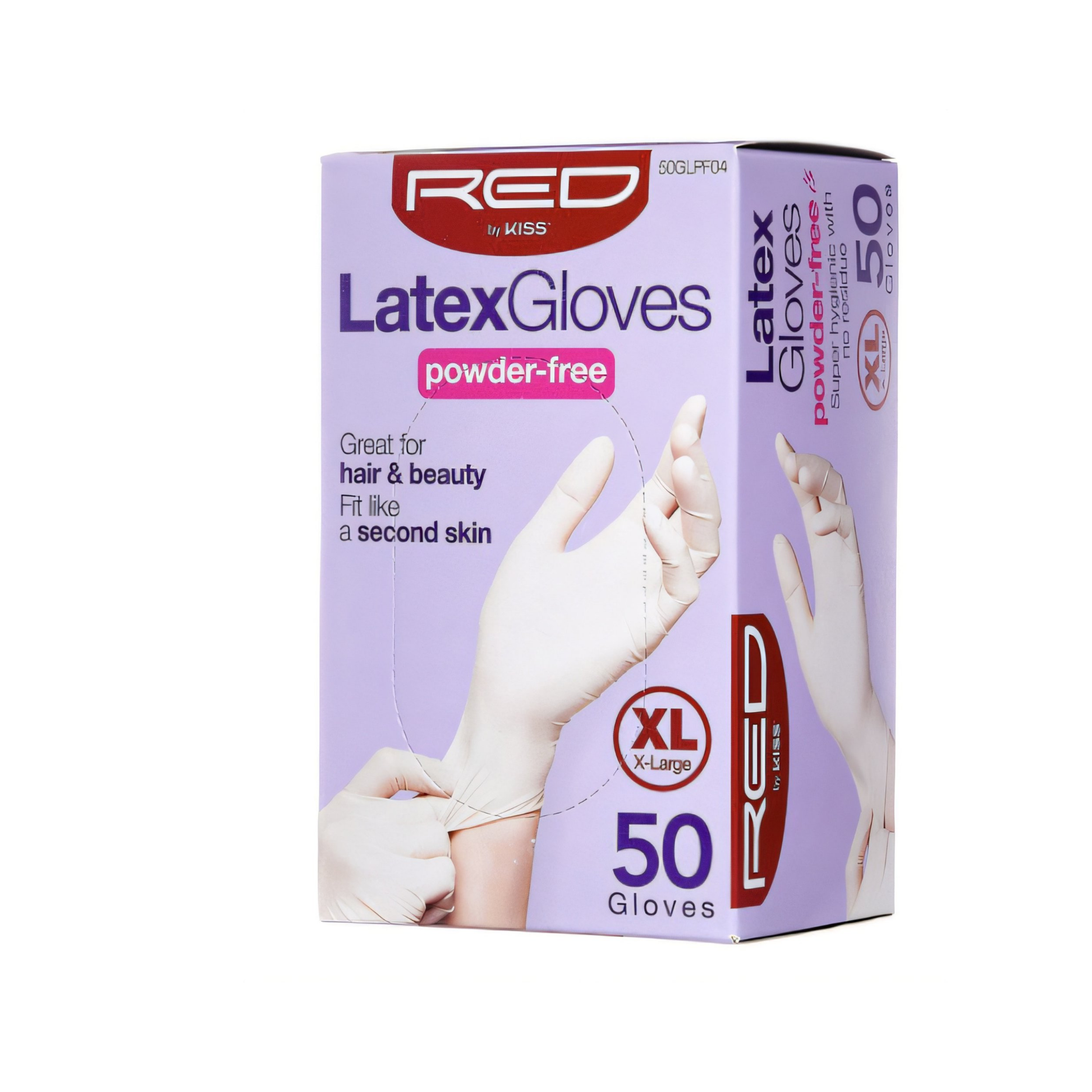 A box of Red by Kiss Latex Gloves Powder-Free in size XL, containing 50 gloves. The packaging is lavender with white gloves displayed, labeled “Great for hair & beauty – fits like a second skin.”