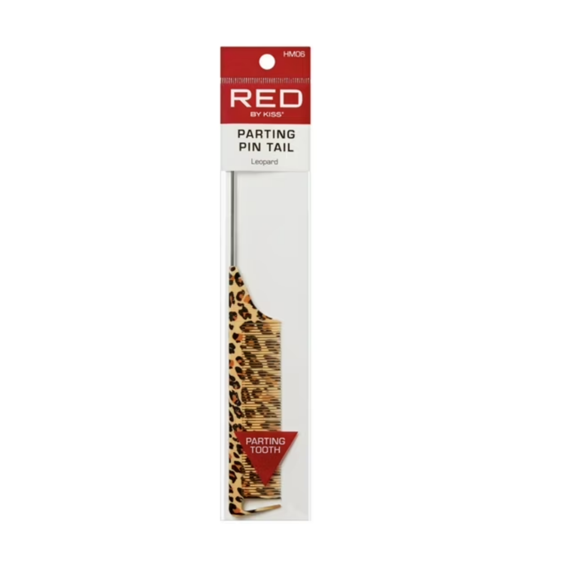 “Red by Kiss Leopard Parting Pintail Comb HM06 in retail packaging, leopard handle