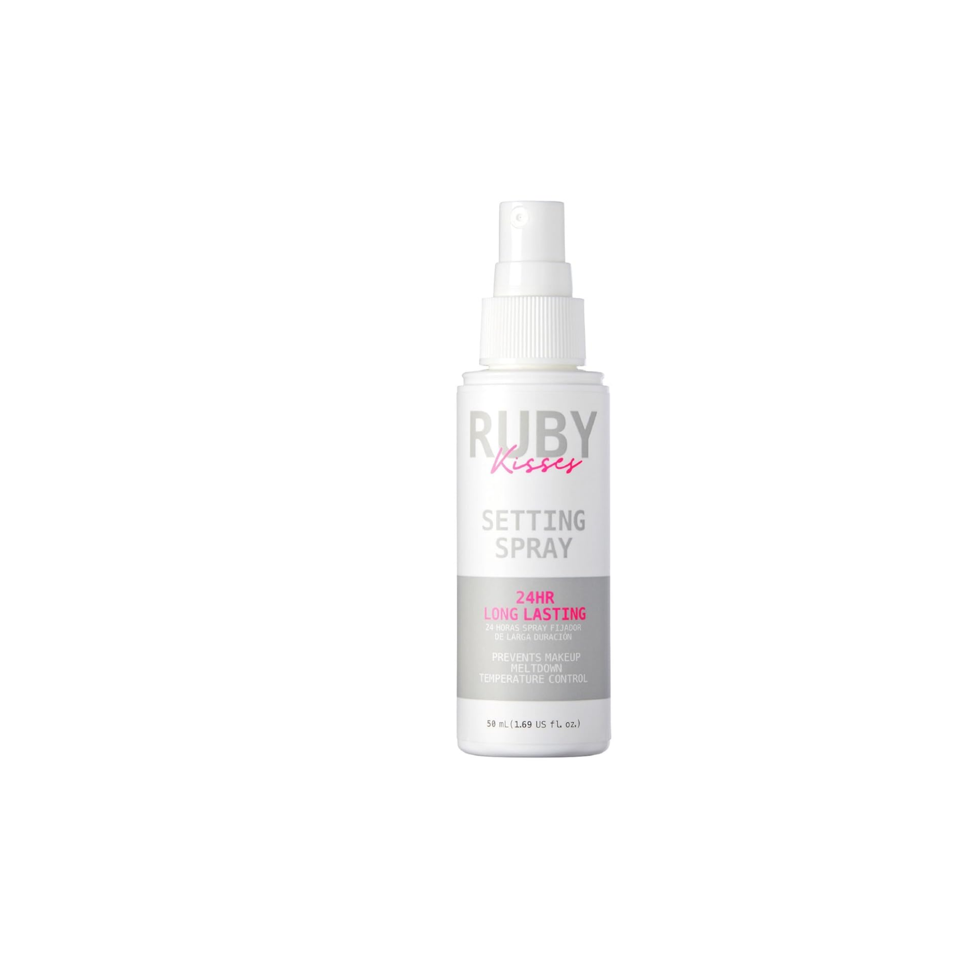 Ruby Kisses 24hr setting spray bottle with pink and gray label
