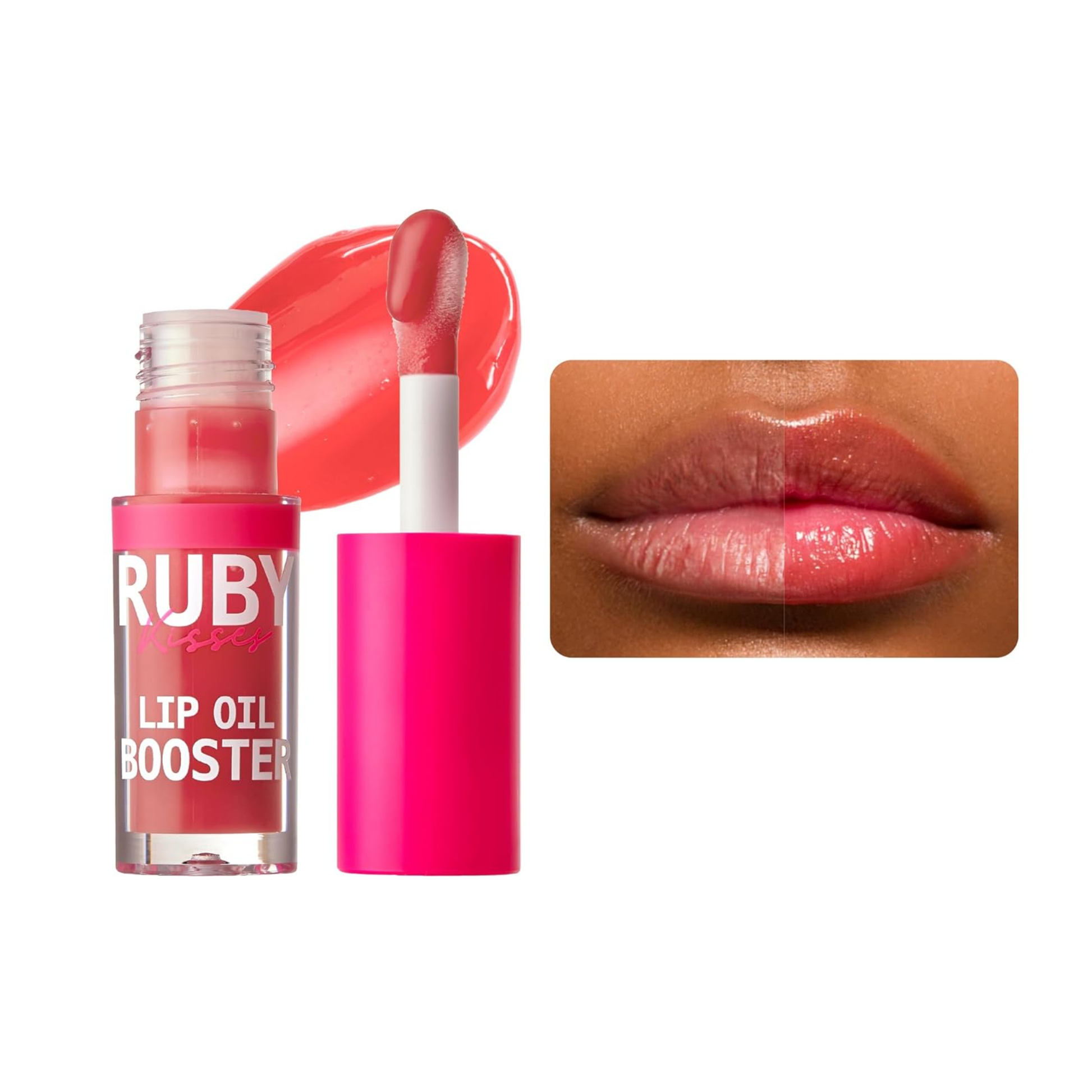 Ruby Kisses Lip Oil Booster Hot Cherry bottle with cap off and jumbo wand, red swatch