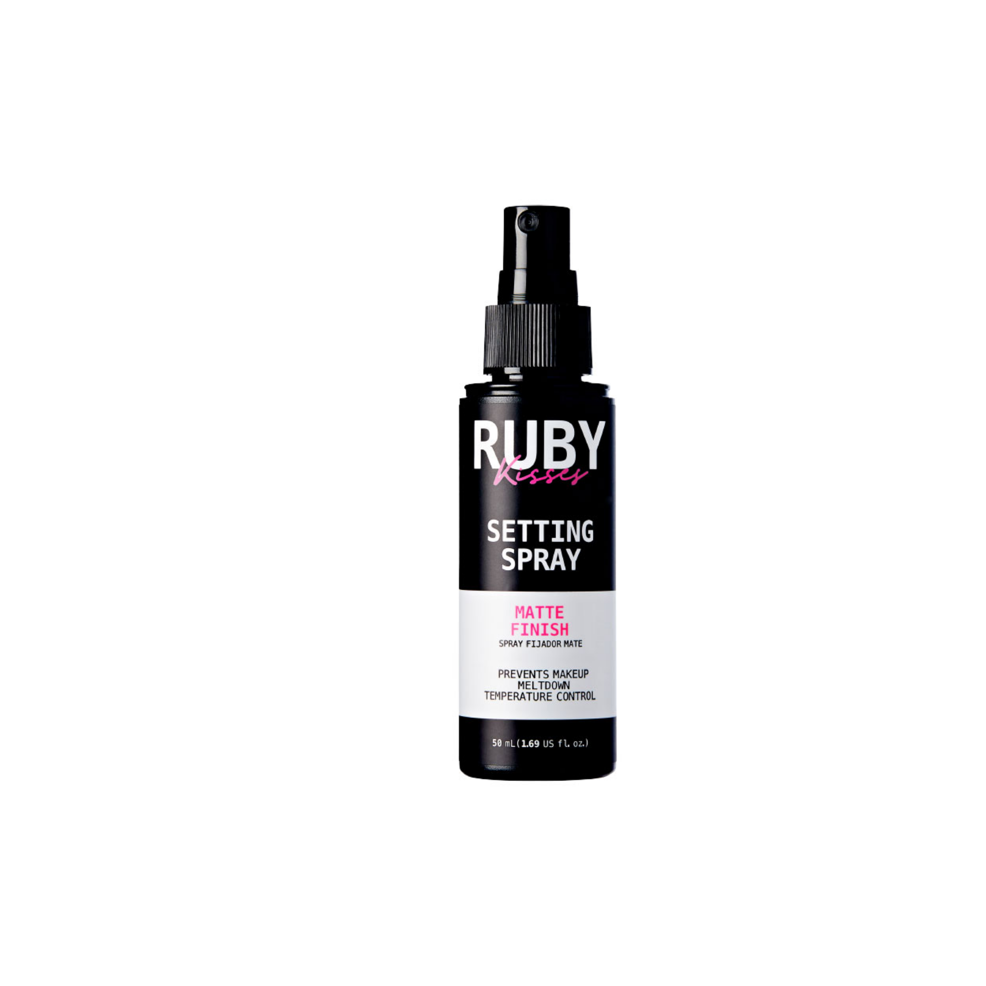 Ruby Kisses matte finish setting spray bottle in black and white packaging