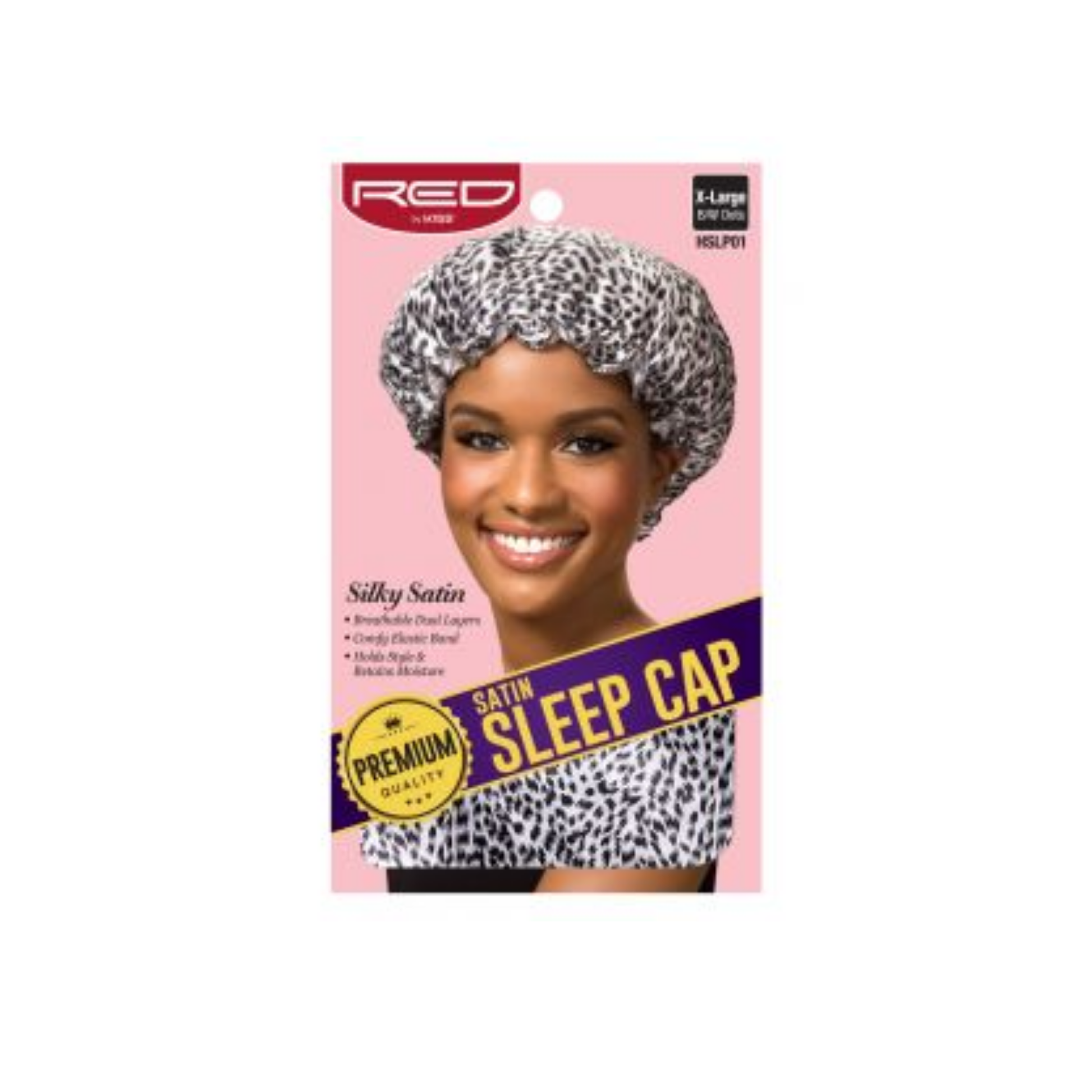 Satin sleep cap in black and white pattern with silky satin fabric and comfortable elastic band