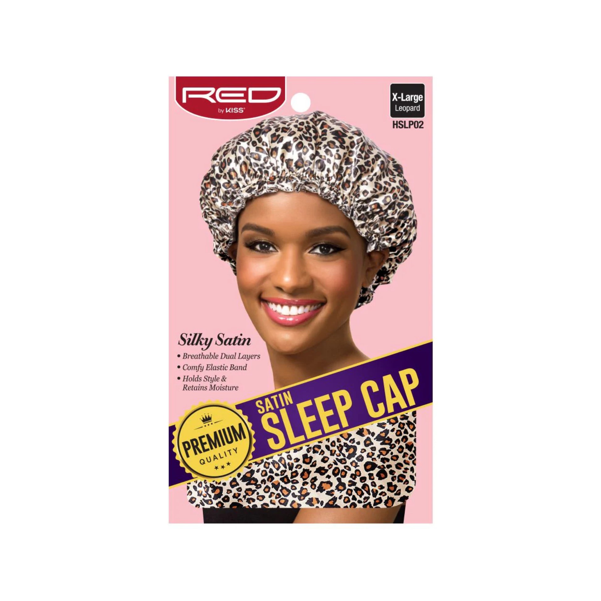 Leopard print satin sleep cap with breathable dual layers and secure elastic band