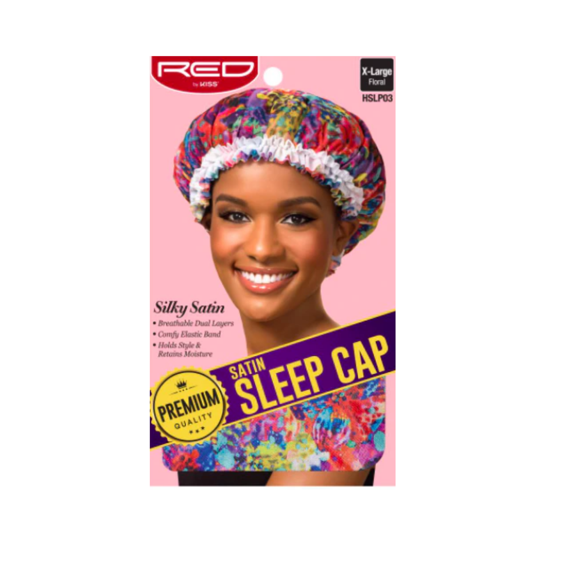 Floral satin sleep cap with silky smooth fabric designed to protect hair overnight