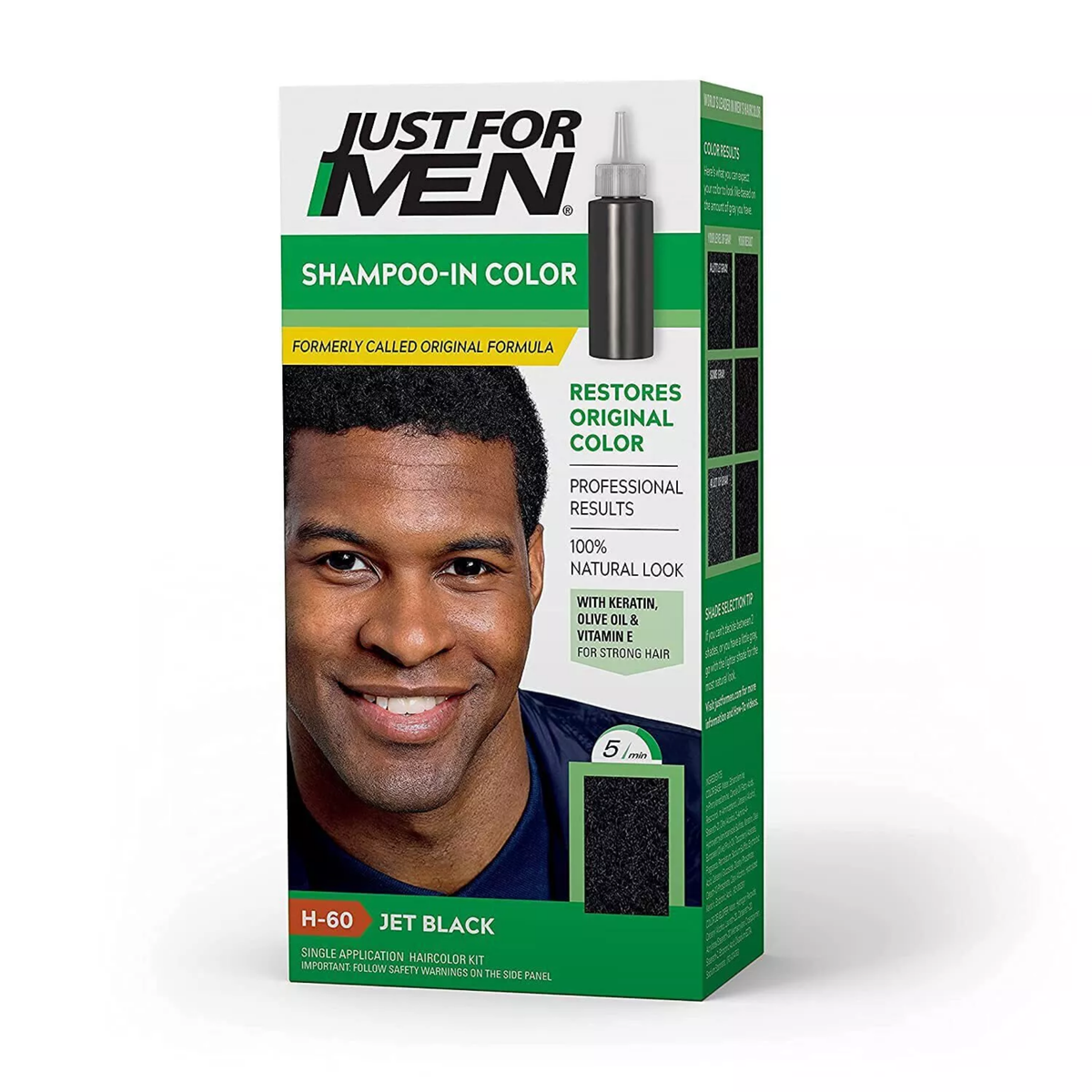 Box of Just For Men Shampoo-In Color Gray Coverage in Dark Brown shade on a white background