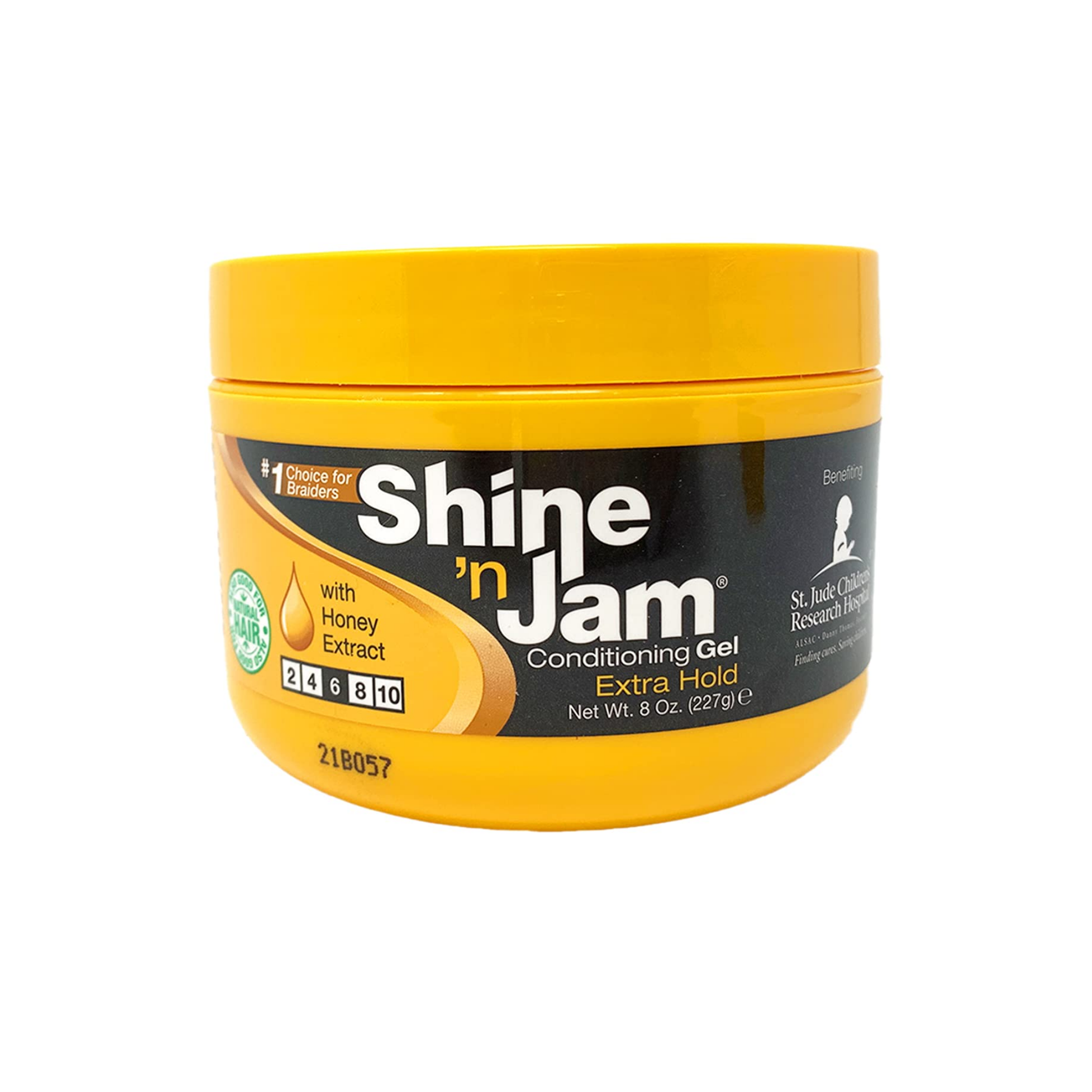 Shine ’n Jam Extra Hold Conditioning Gel 8 oz yellow jar, front label with honey extract callout