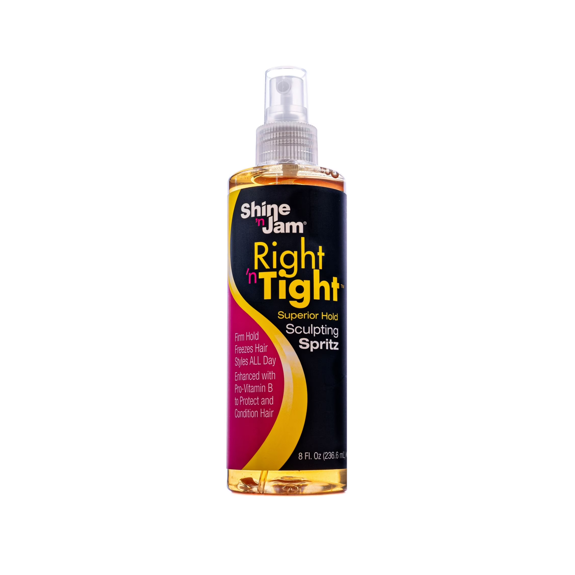 Shine ’n Jam Right ’n Tight Sculpting Spritz 8 oz clear spray bottle, black label with yellow/pink swoosh, front view