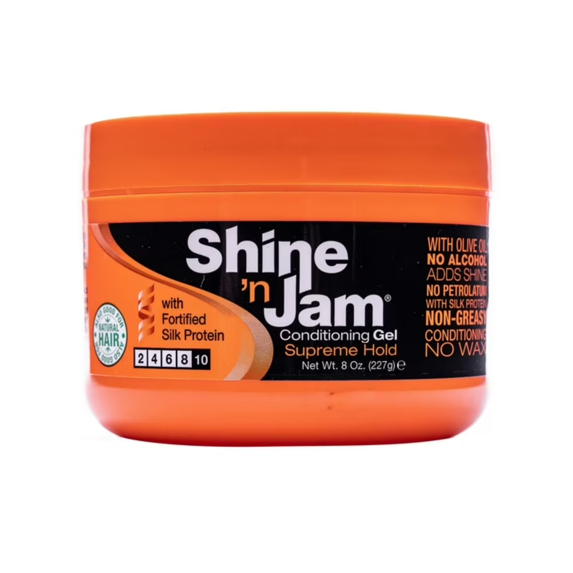 Shine ’n Jam Supreme Hold Conditioning Gel 8 oz orange jar, front label with “fortified silk protein