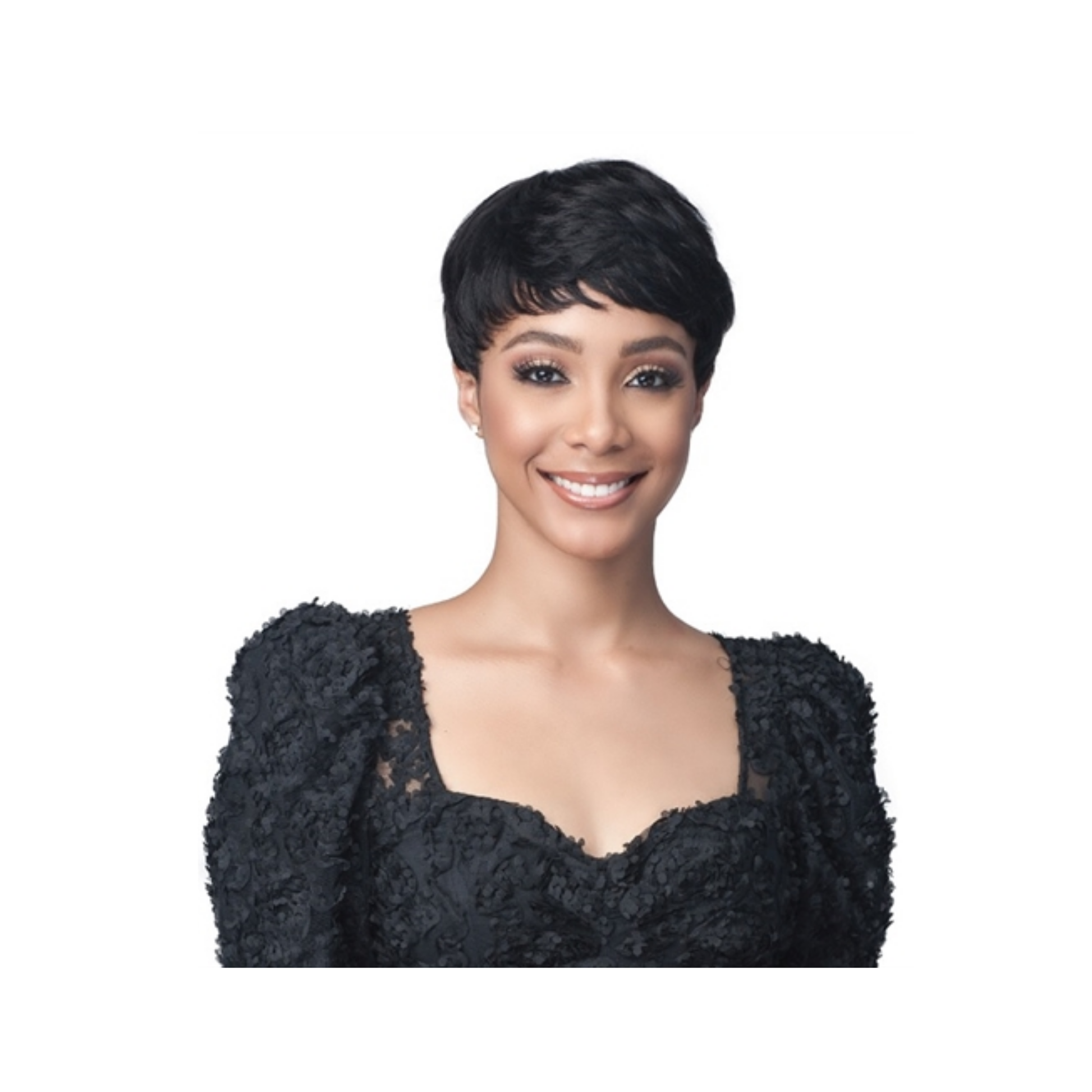 Natural black short pixie cut human hair wig with sleek professional style