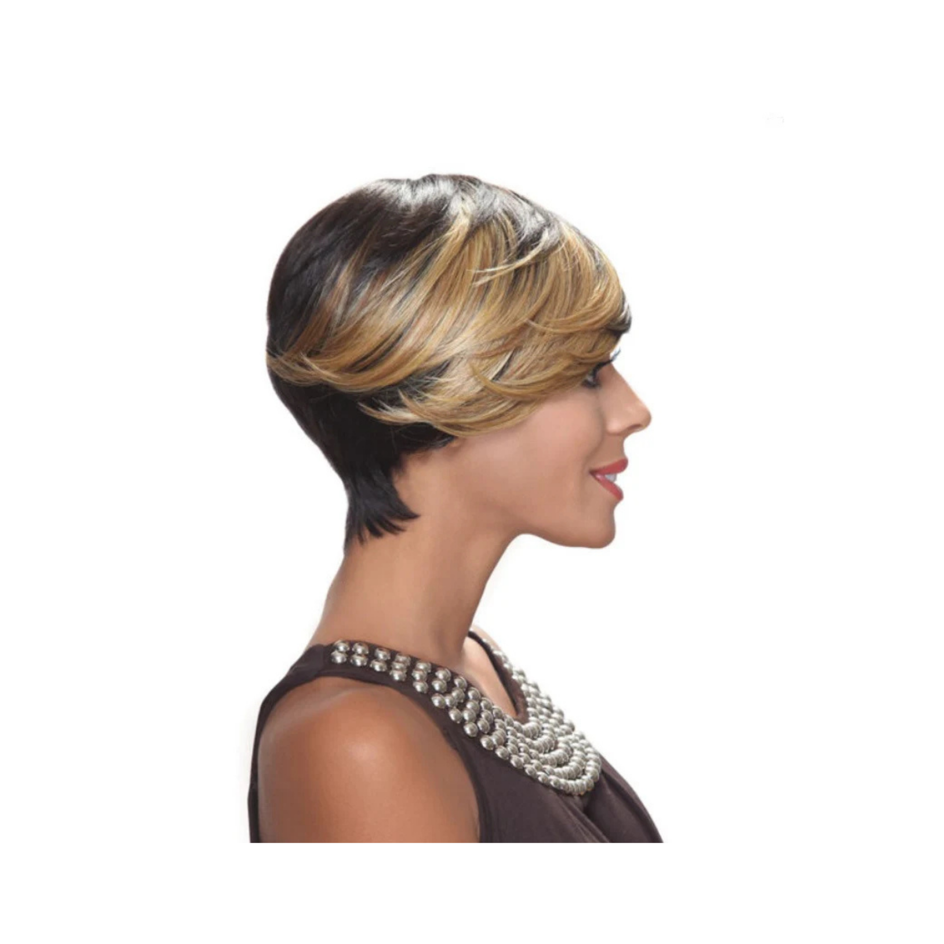 Short synthetic wig with side-swept bangs in layered black and blonde highlights.