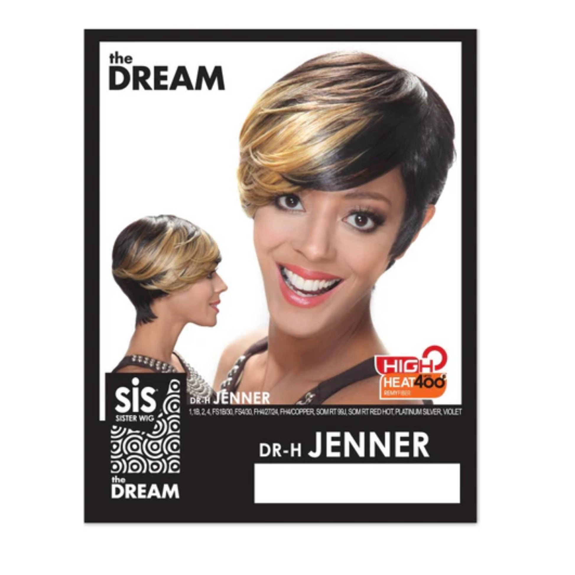Short synthetic wig with side-swept bangs in layered black and blonde highlights.