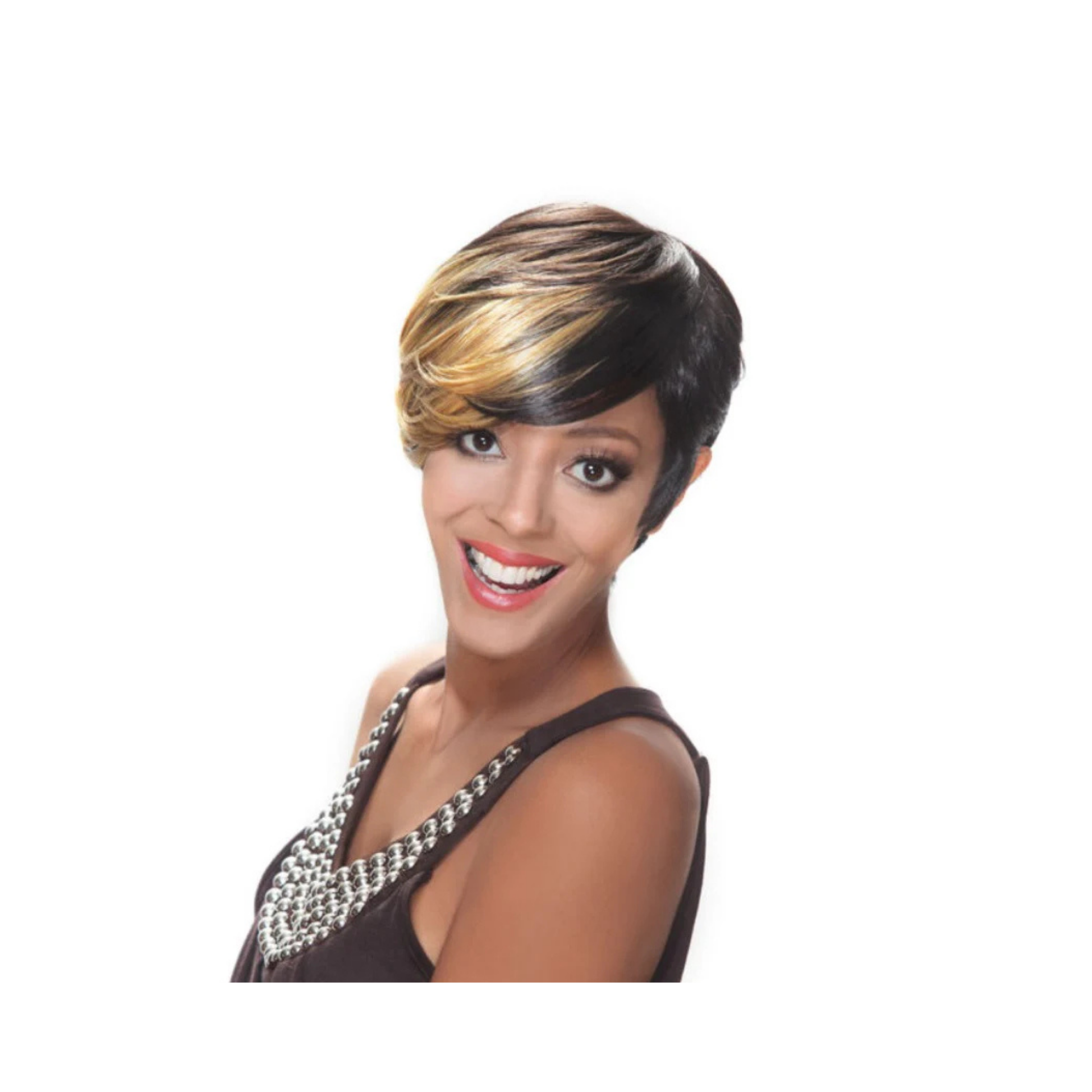 Short synthetic wig with side-swept bangs in layered black and blonde highlights.