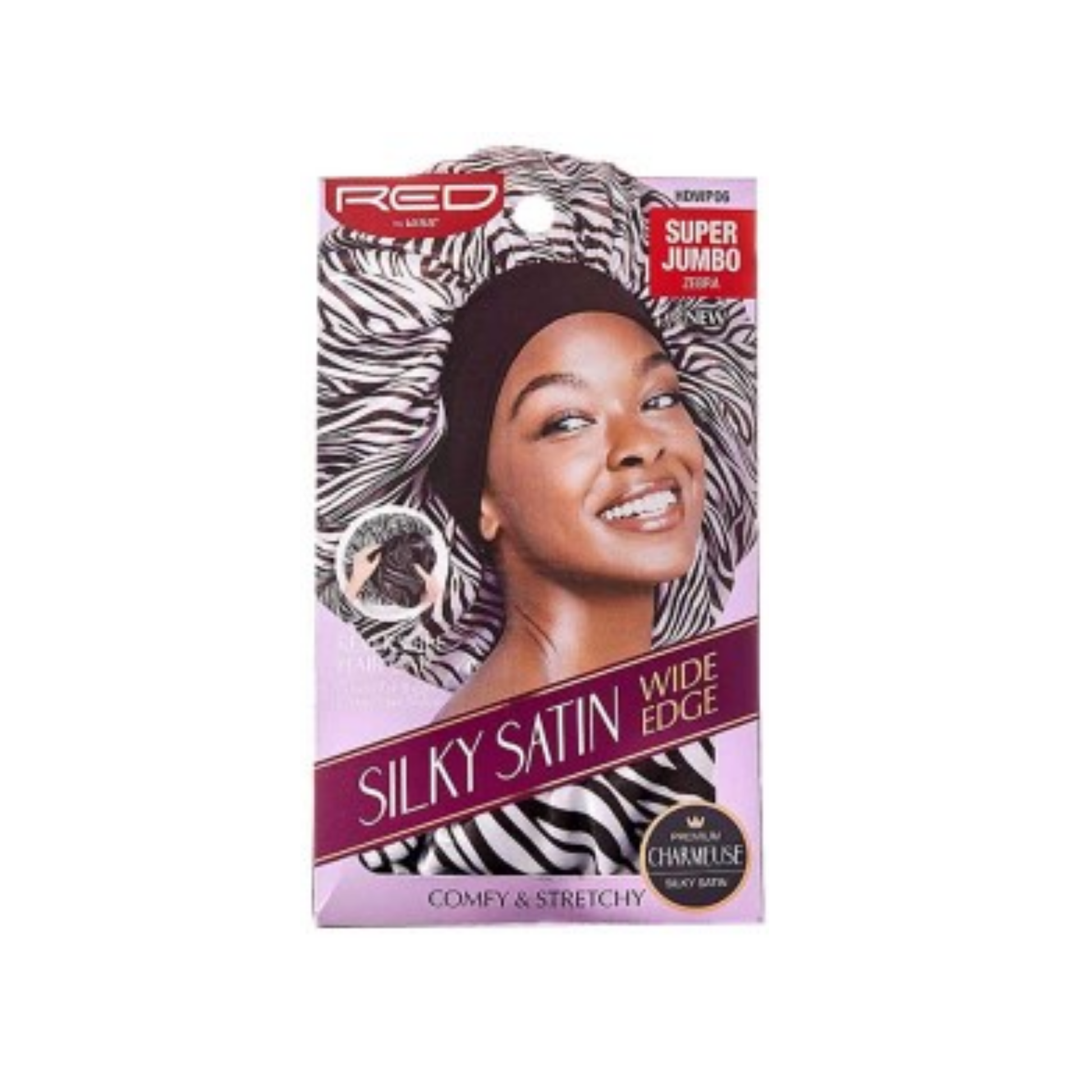 Extra-wide zebra satin headband in Super Jumbo size with reversible stretch design
