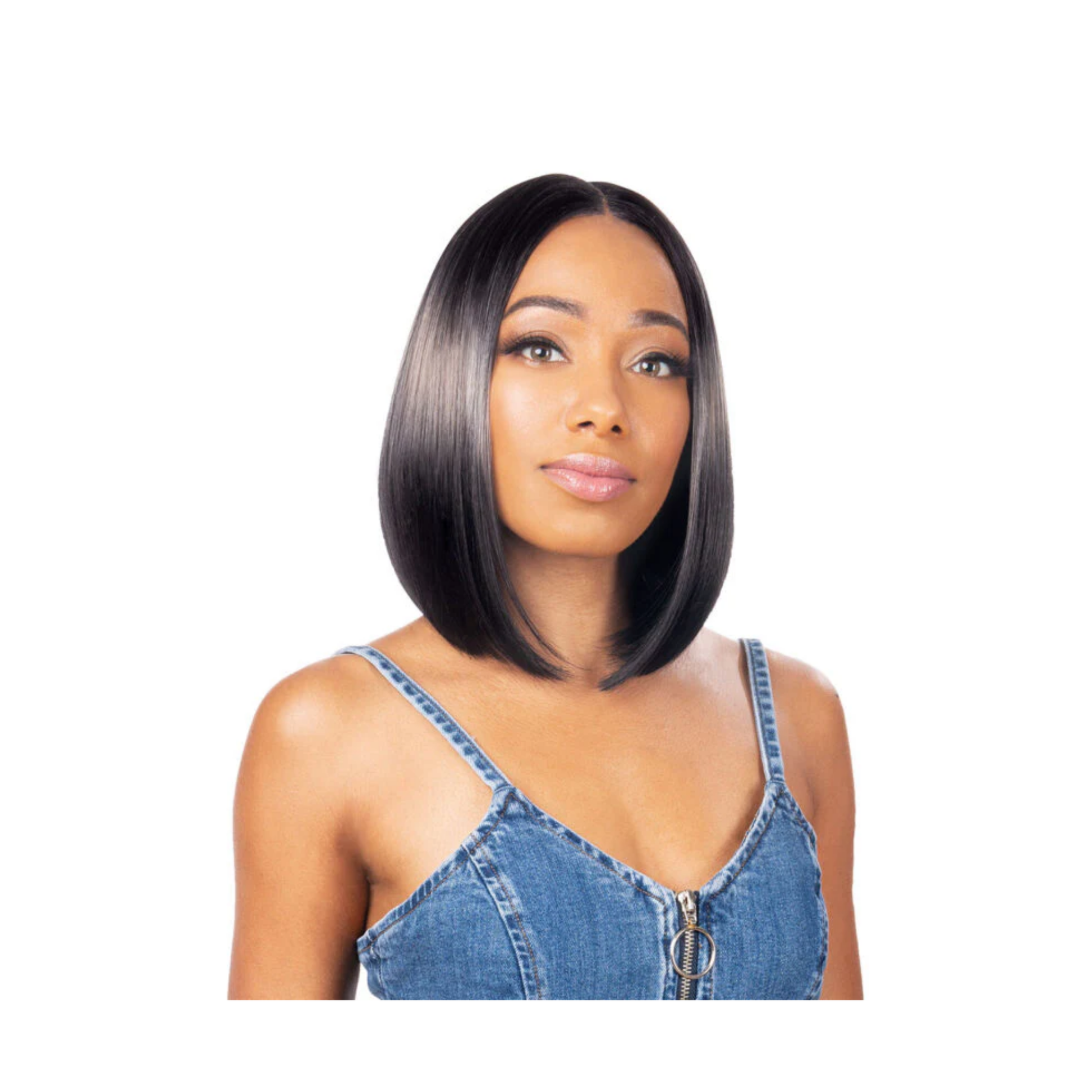 Silky yaky bob lace front wig with deep lace part, straight medium length, and natural pre-tweezed hairline