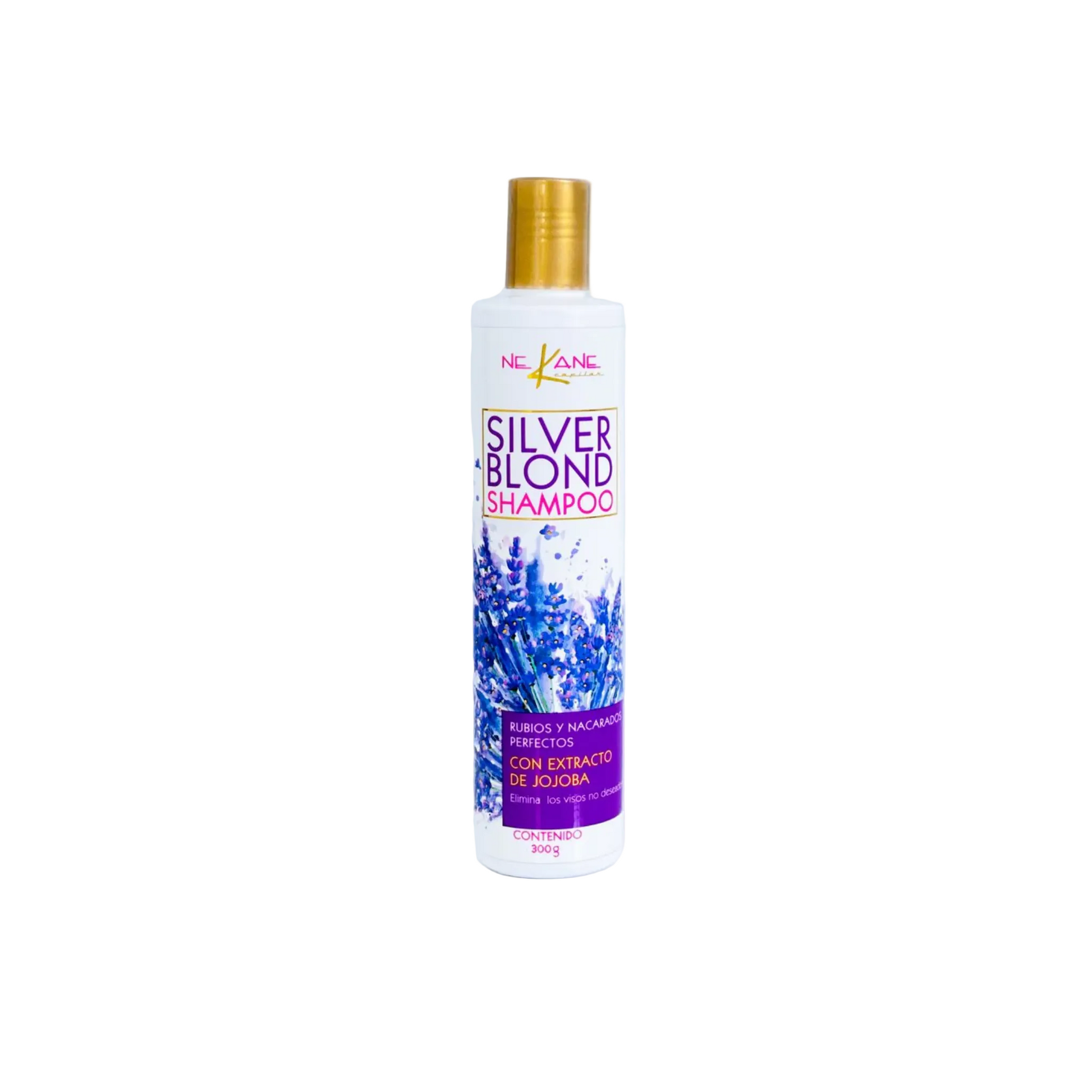  A bottle of silver blonde toning shampoo that neutralizes brassy yellow tones in blonde and gray hair.