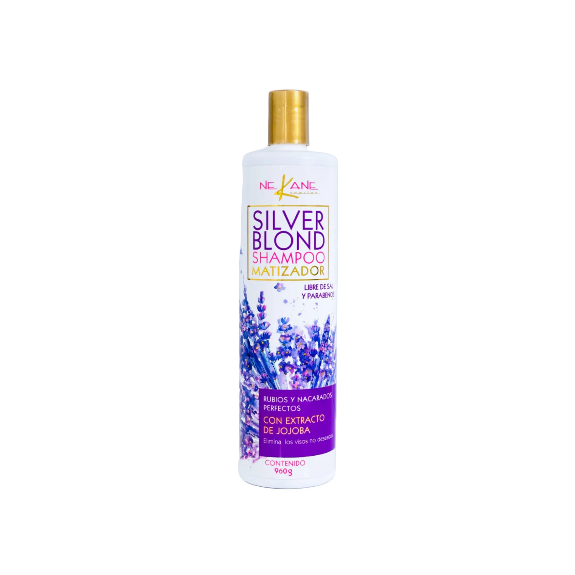 A bottle of silver blonde toning shampoo that neutralizes brassy yellow tones in blonde and gray hair.