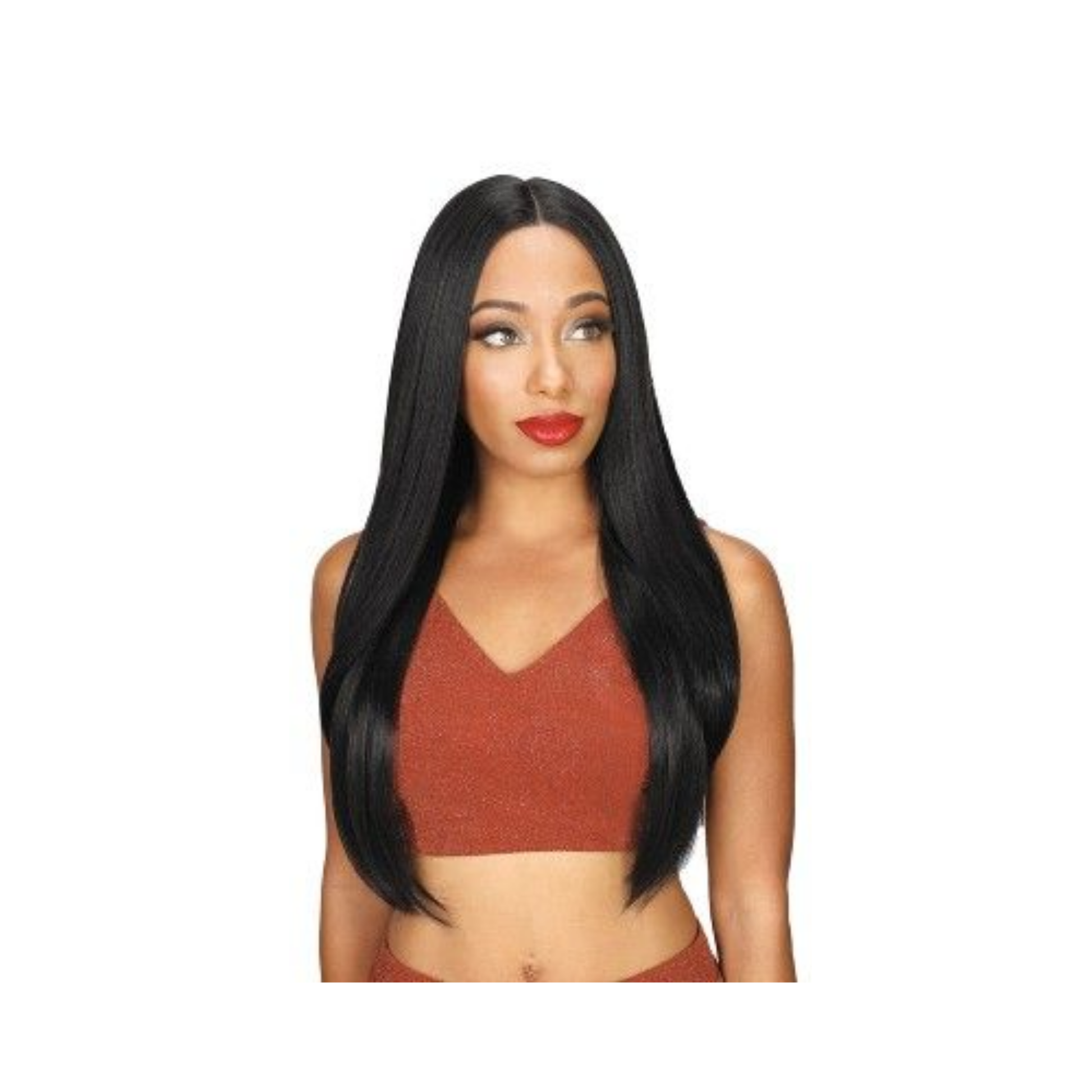 Slay-Lace H Tai lace front wig with deep center part, Virgin Touch synthetic fiber, and natural straight finish
