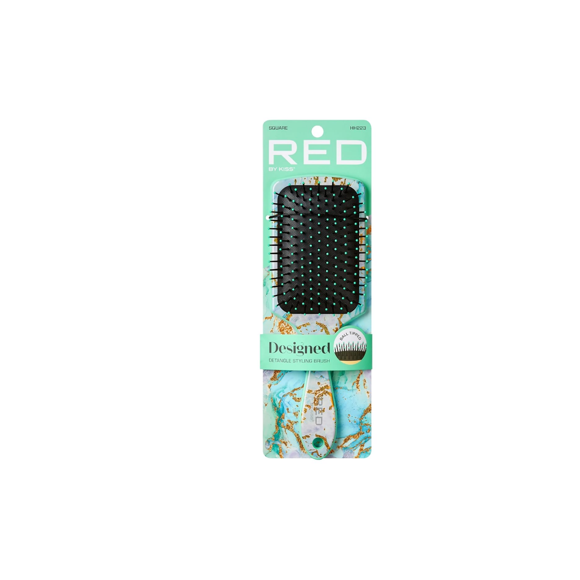 Square detangling cushion brush with aqua marble print and nylon ball-tip bristles