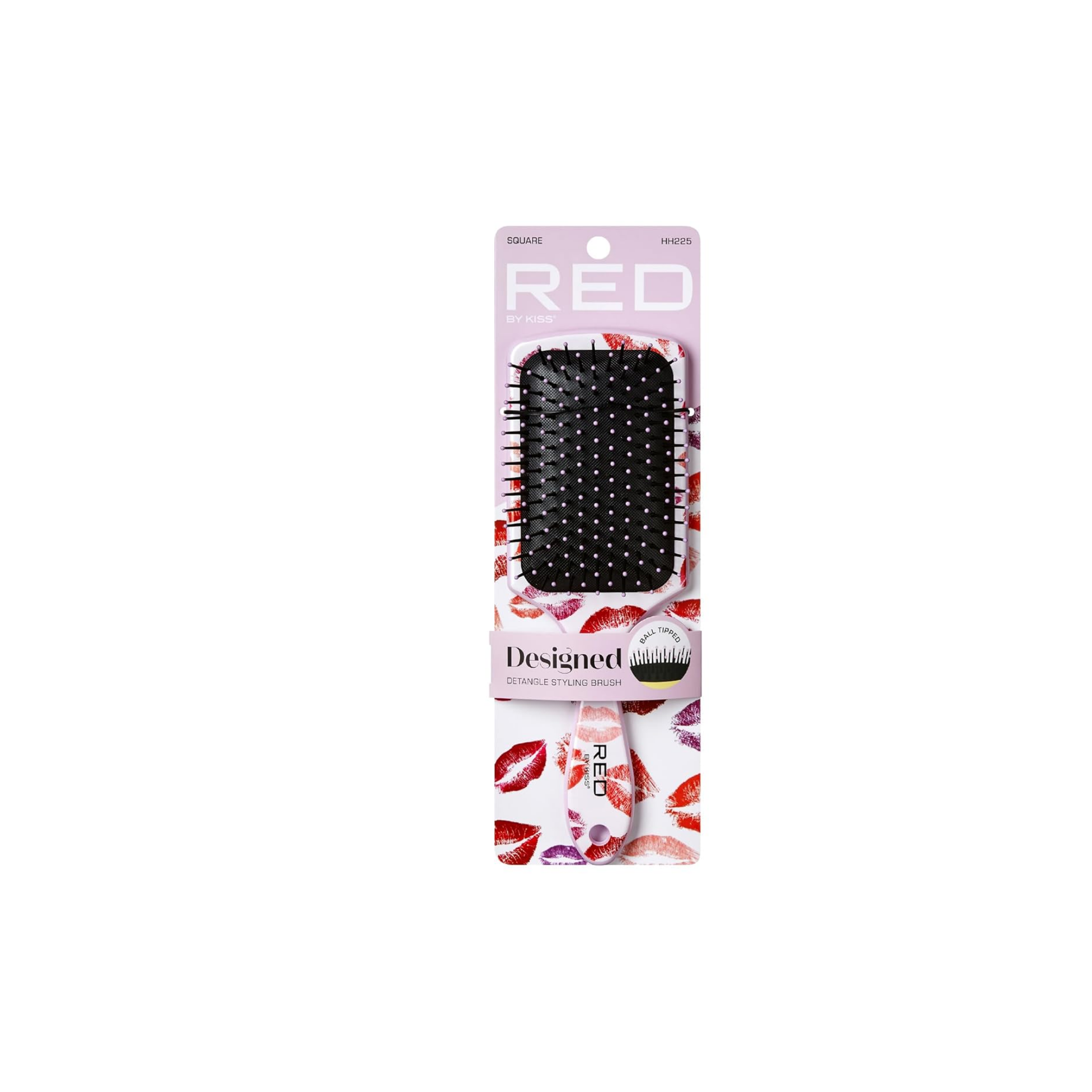 Square detangling brush with kisses print and silicone-tipped bristles for gentle styling