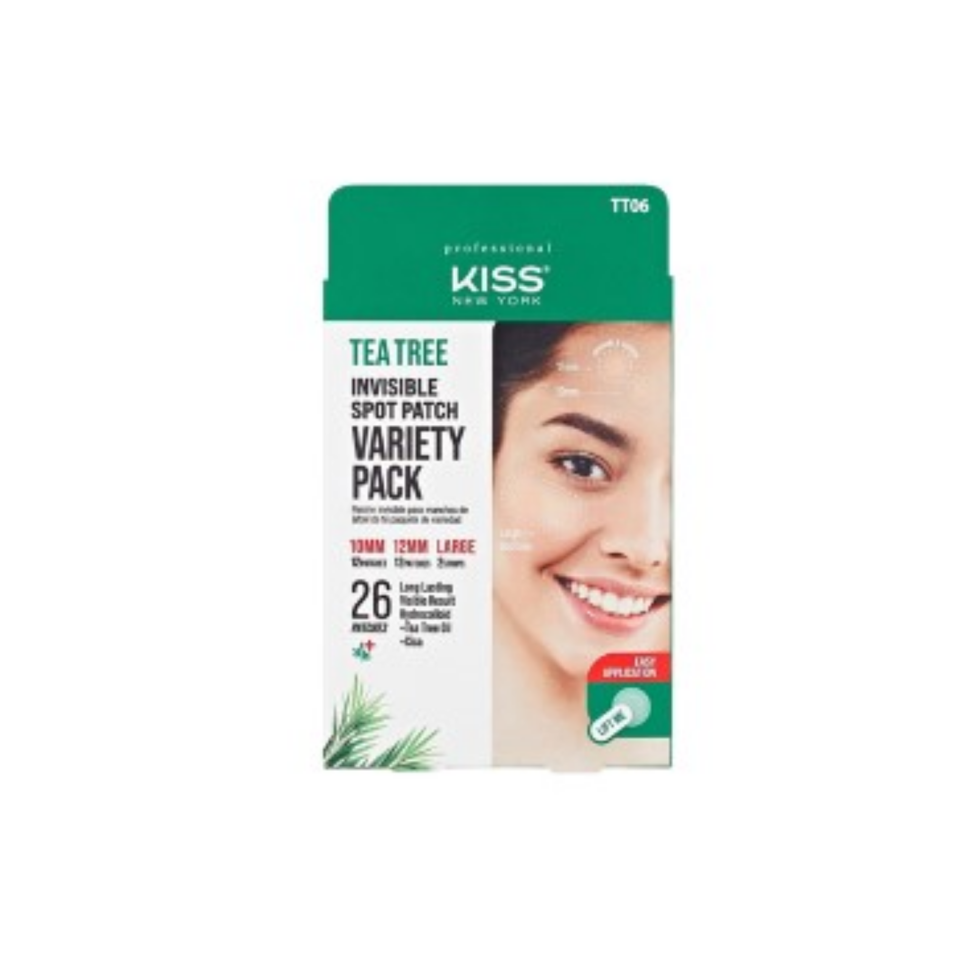 Kiss New York Tea Tree Invisible Spot Patch for face and body hydrocolloid acne treatment with Tea Tree Oil and Cica, shown on a woman’s cheek for clear, calm skin.