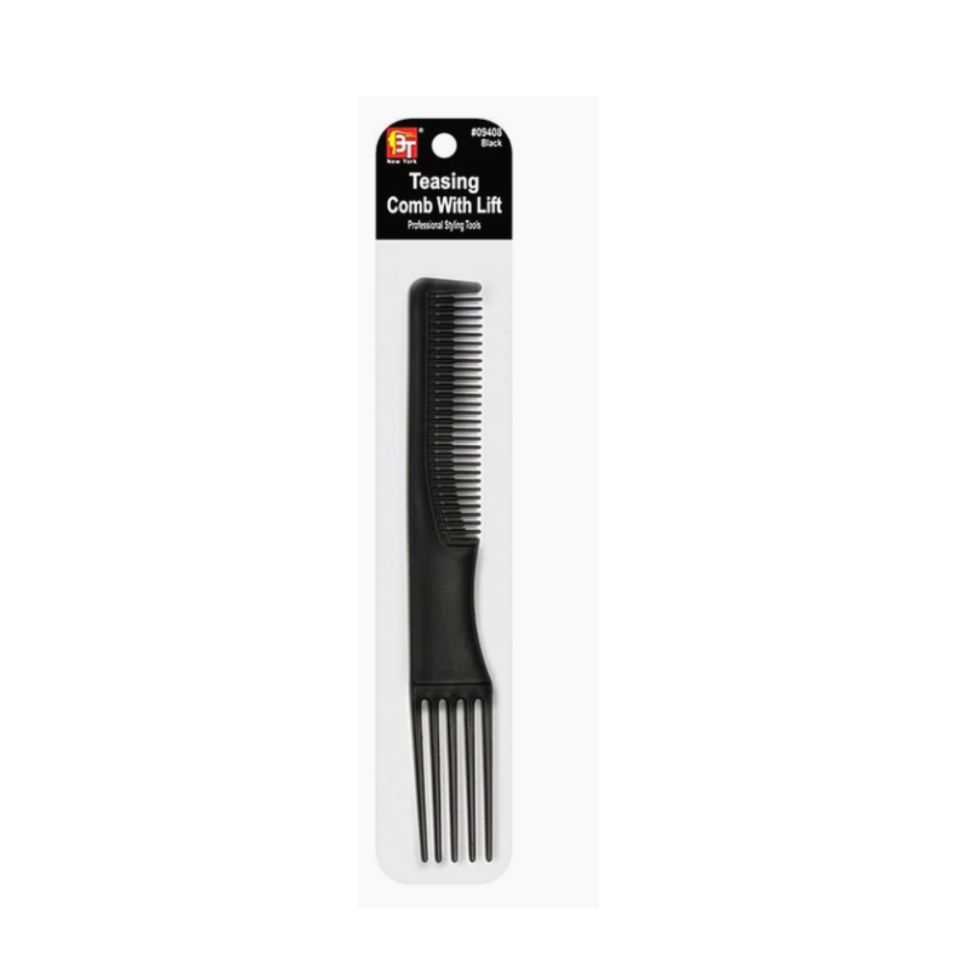 Black teasing comb with plastic lift for adding root volume and precise hair styling.