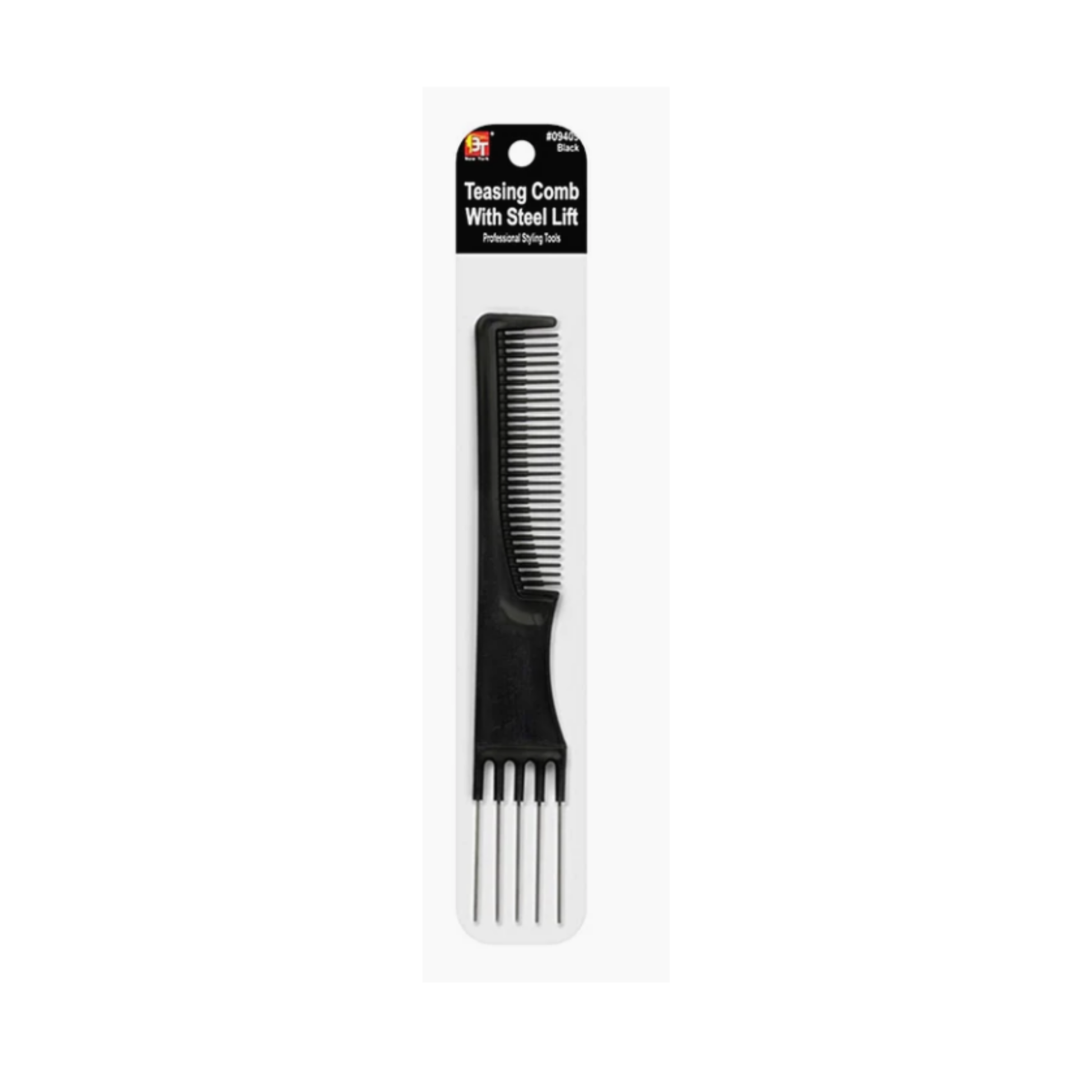 Black teasing comb with steel lift for controlled teasing and long-lasting root volume.