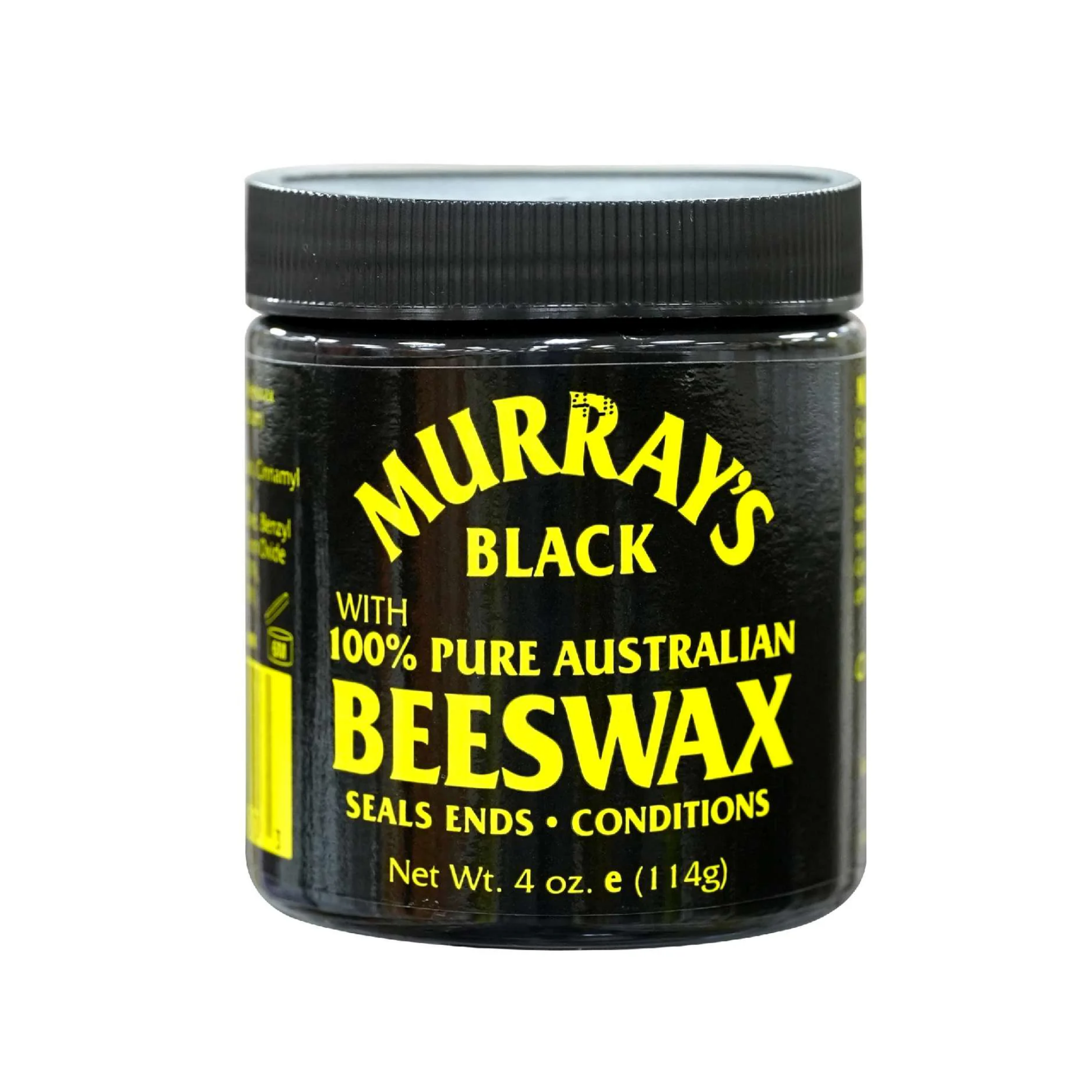 Black-tinted beeswax styling jar for braids, locs, and twists—adds shine, blends with dark hair, and provides strong hold without flaking.