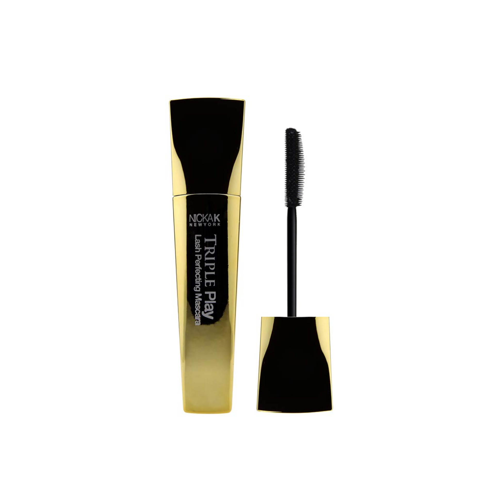 Waterproof black mascara with precision brush for volumizing, lengthening, and curling lashes