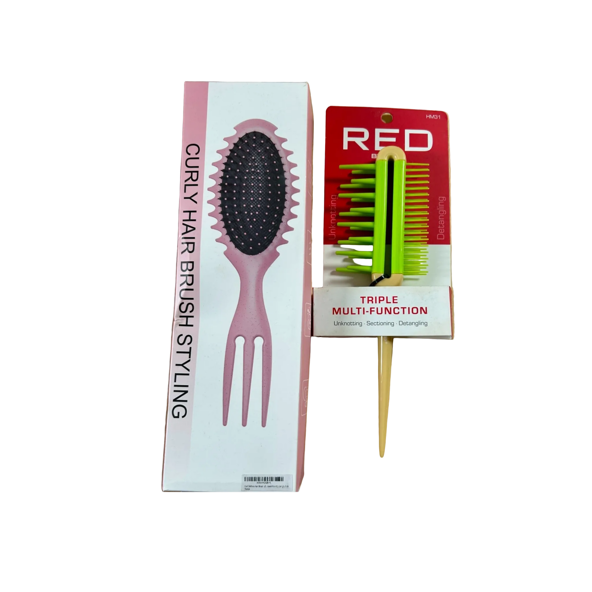 A 2-piece styling set with a multi-function detangling comb and a curly hair brush 