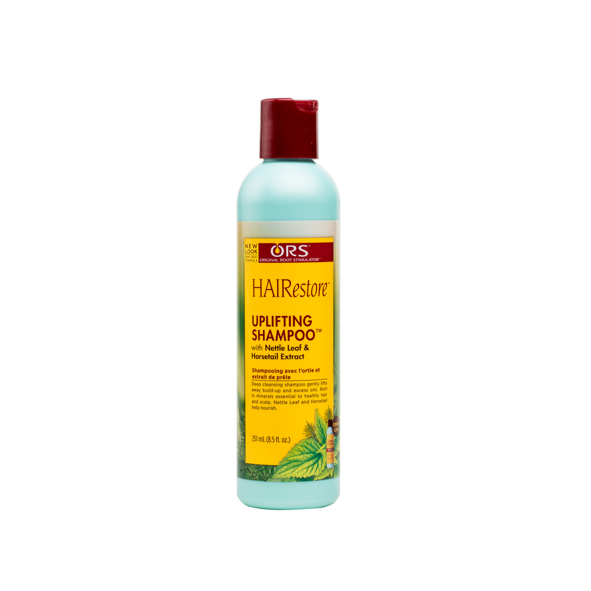 Uplifting shampoo bottle, 8.5 fl oz, with nettle leaf and horsetail extract for deep cleansing and scalp nourishment.