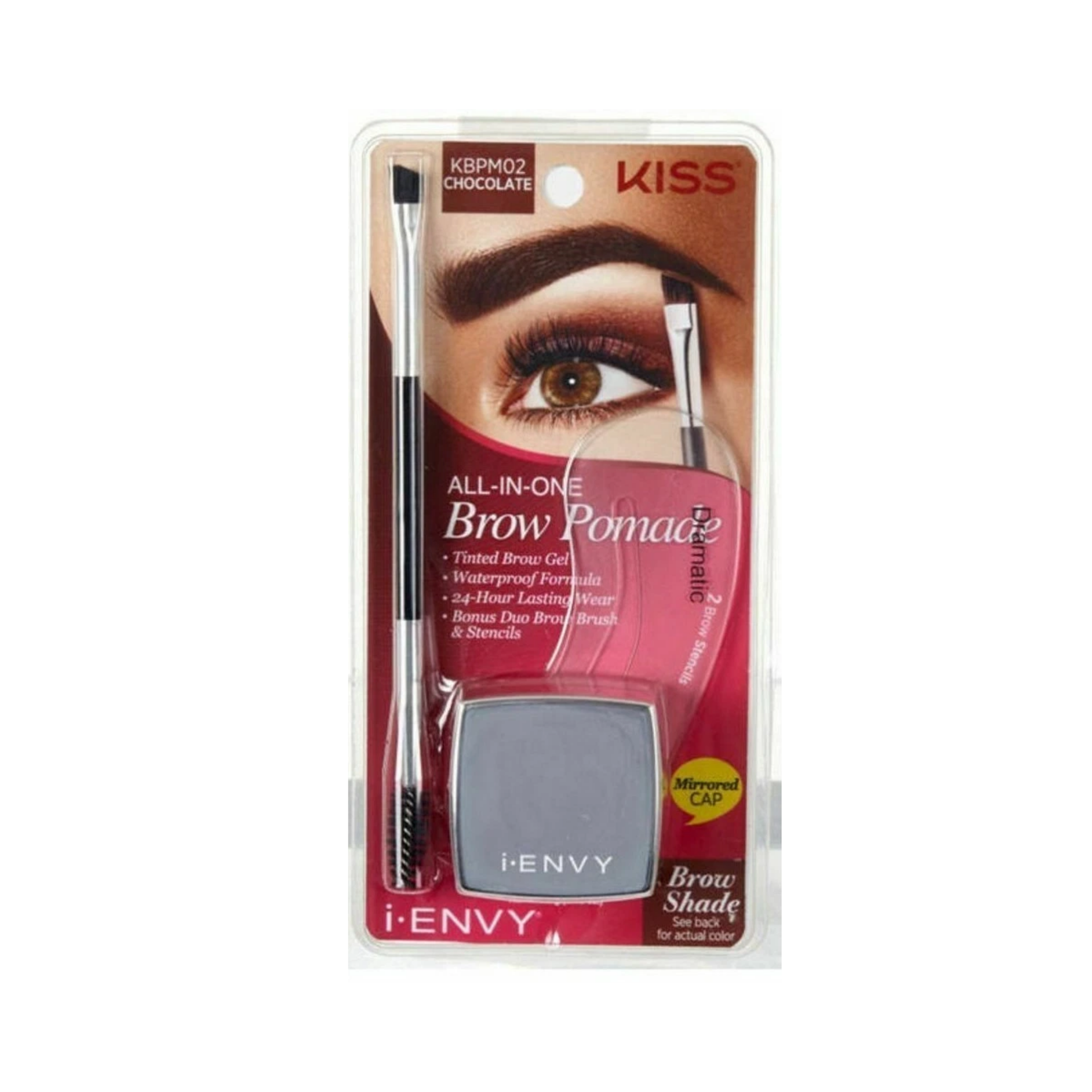 Chocolate shade brow pomade kit for medium brown brows, includes brush and stencils.