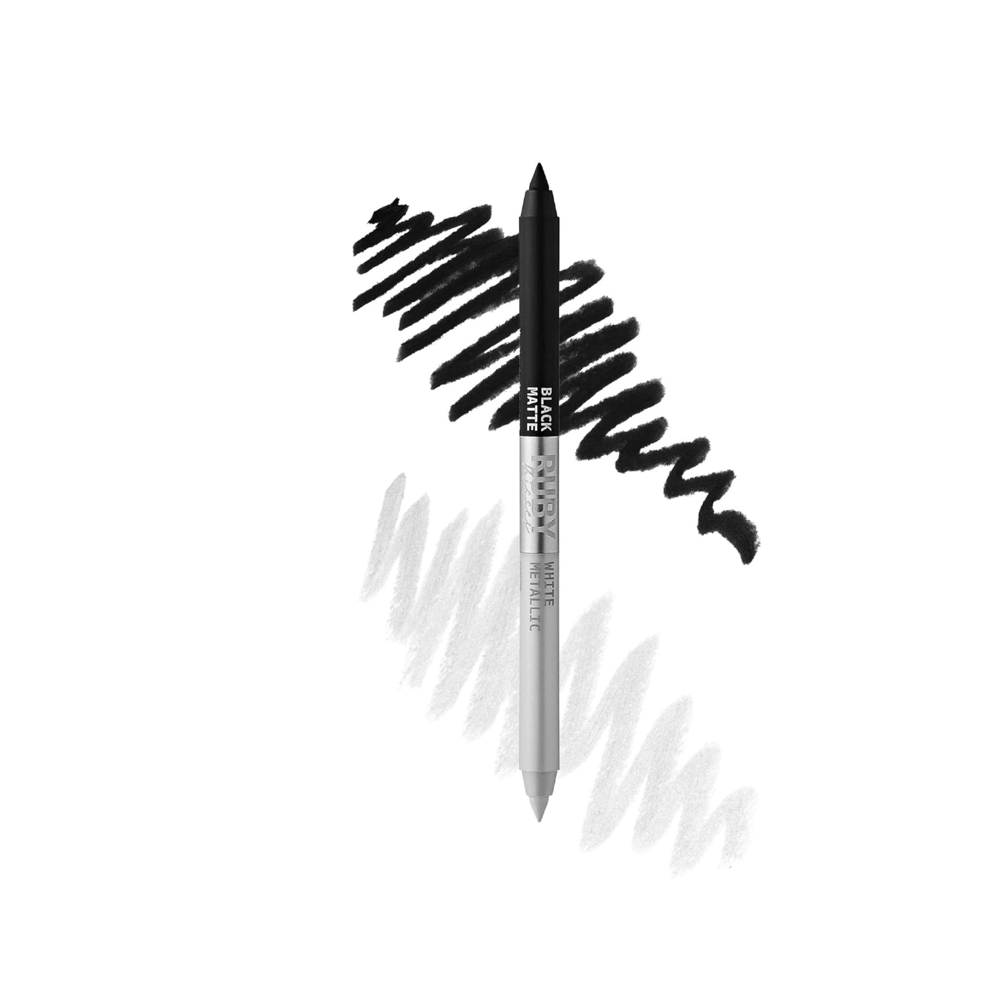 Dual-ended matte and metallic eyeliner pencil in white and black for bold contrast and precision lining.