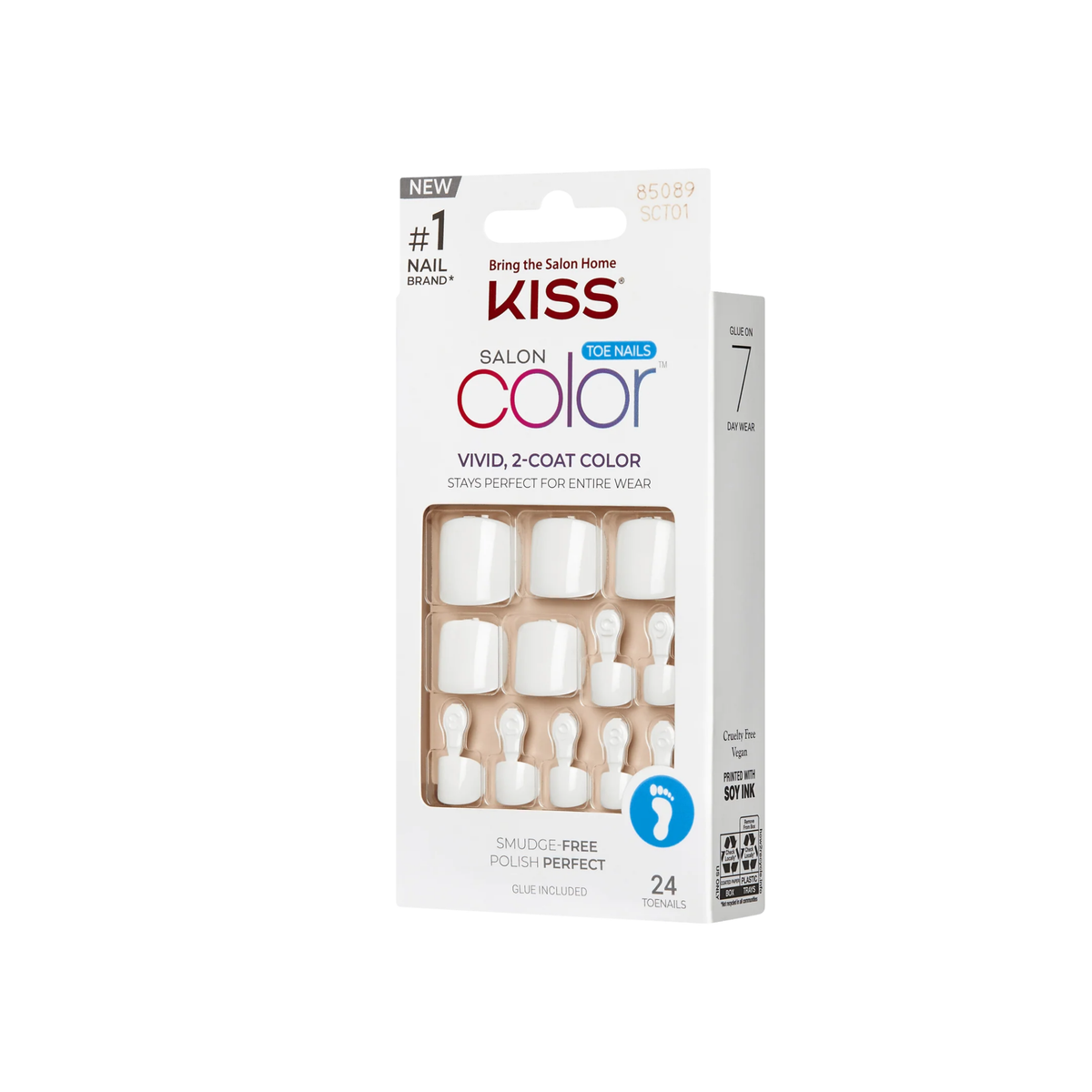 White squoval press-on toenails 24 count with glue – short glossy pedicure set